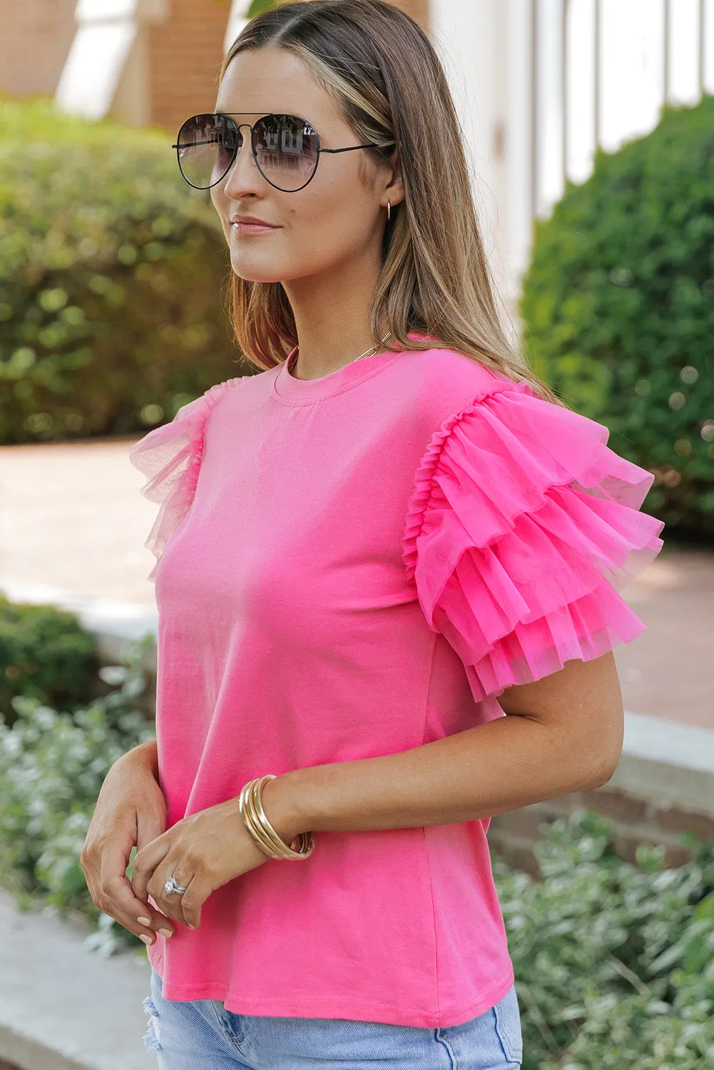 Pink Plain Round Neck Tulle Ruffle Sleeve Blouse