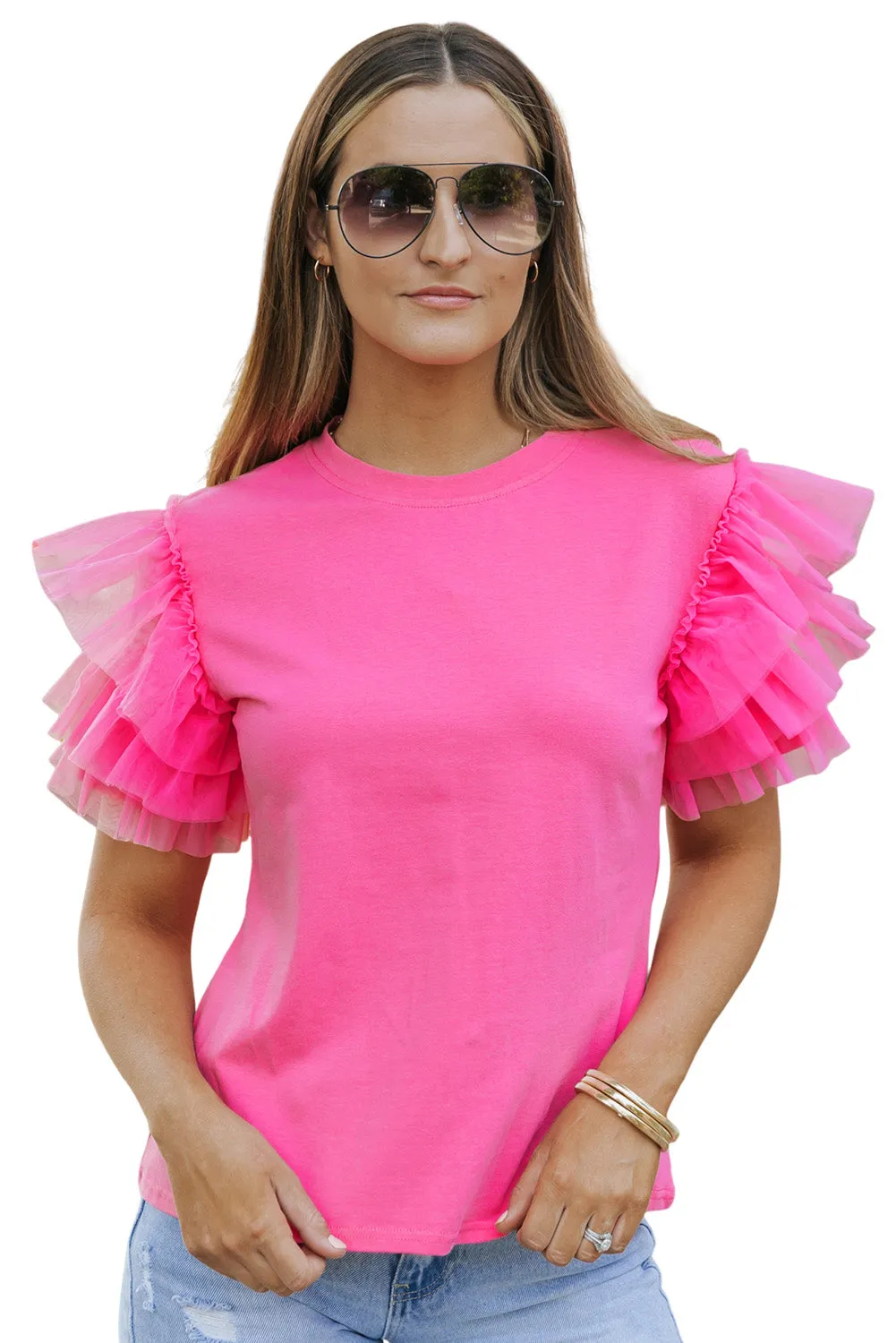 Pink Plain Round Neck Tulle Ruffle Sleeve Blouse