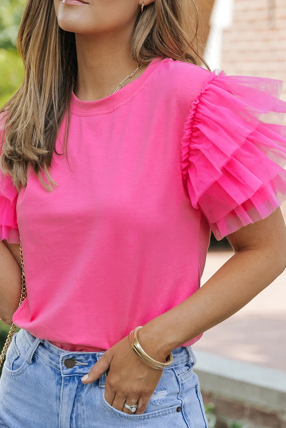 Pink Plain Round Neck Tulle Ruffle Sleeve Blouse