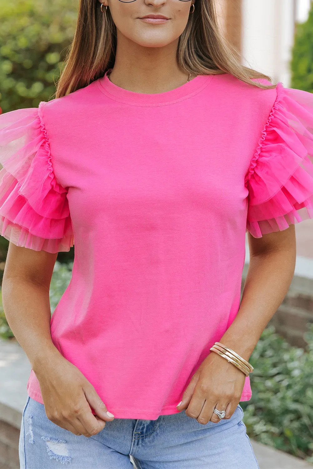 Pink Plain Round Neck Tulle Ruffle Sleeve Blouse