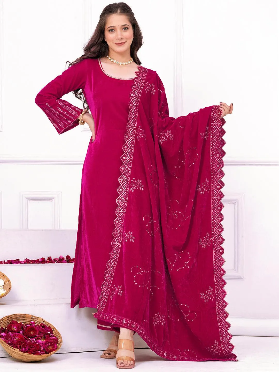 Pink Solid Velvet Straight Suit With Dupatta