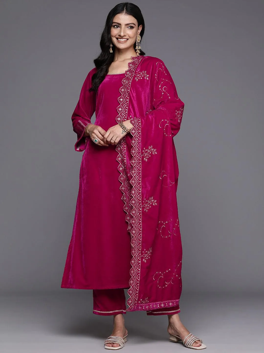 Pink Solid Velvet Straight Suit With Dupatta