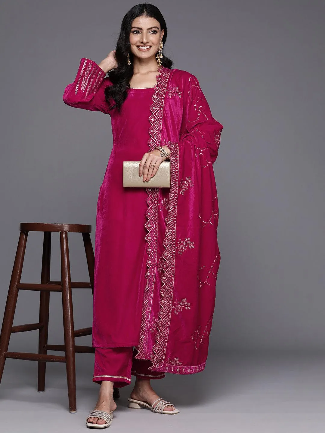 Pink Solid Velvet Straight Suit With Dupatta