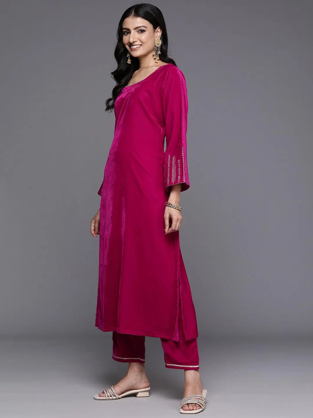 Pink Solid Velvet Straight Suit With Dupatta