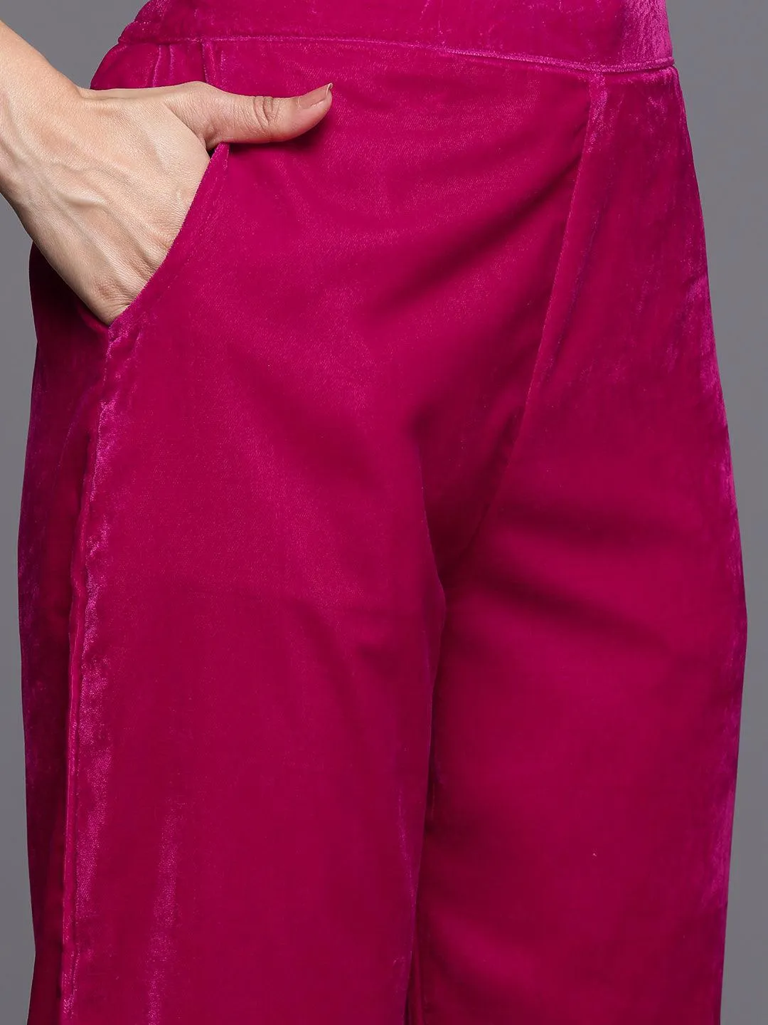 Pink Solid Velvet Straight Suit With Dupatta