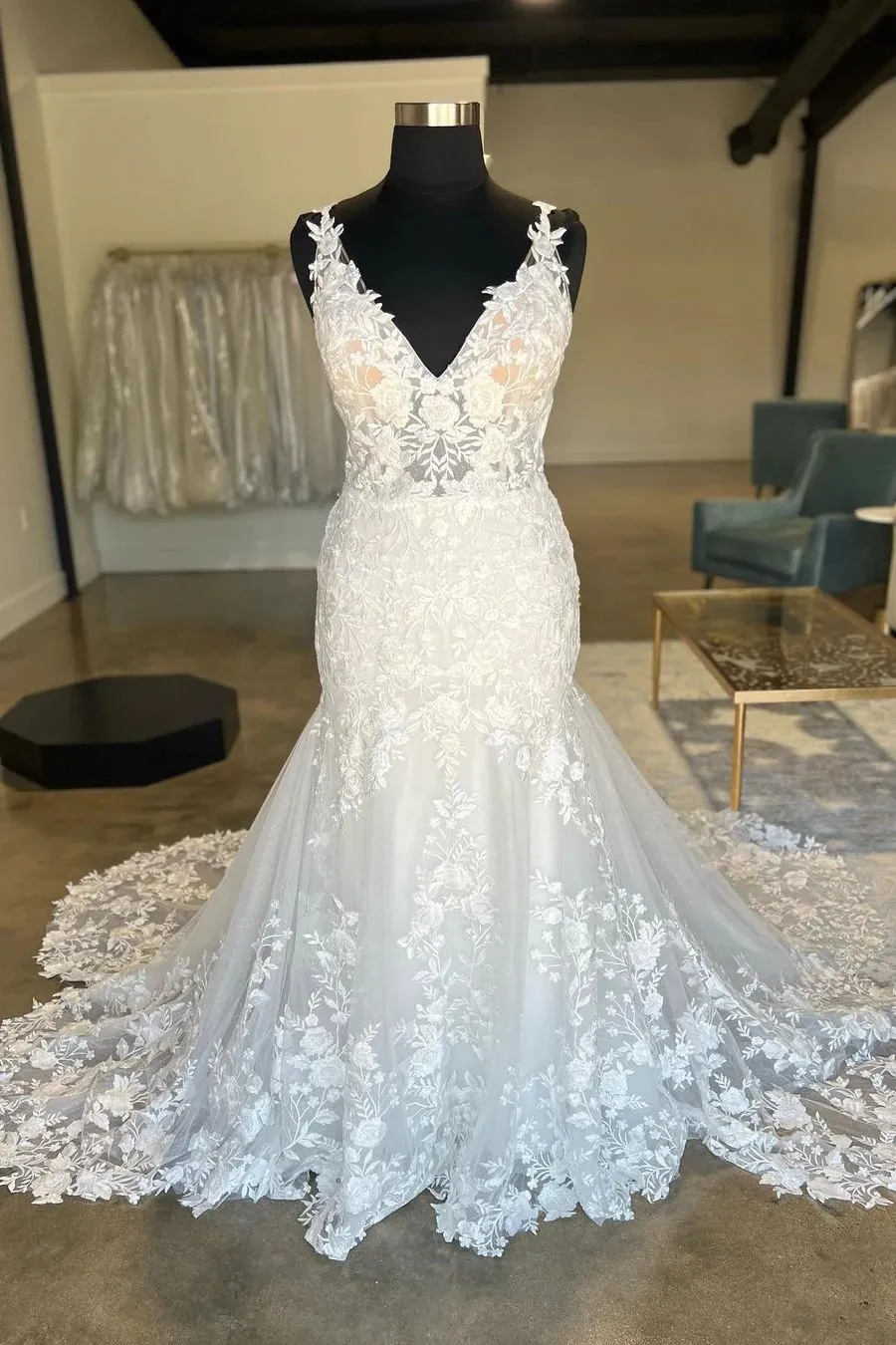 Plus Size V neckline Lace Fit and Flare See Through Wedding Dress