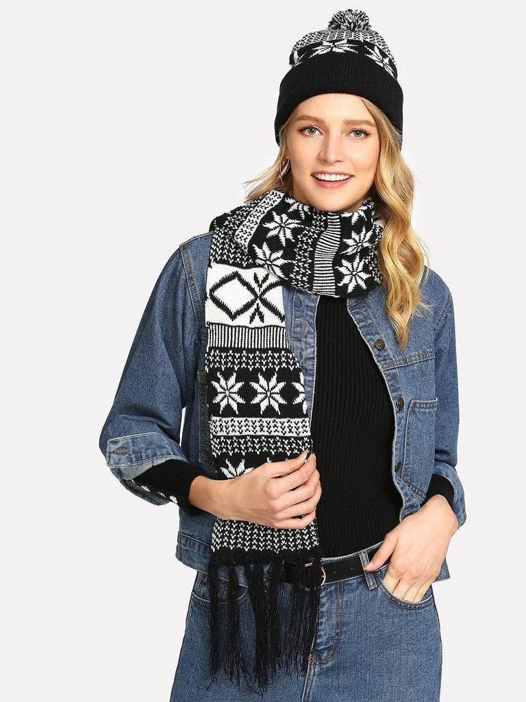 Pom Pom Knit Beanie Cap With Scarf