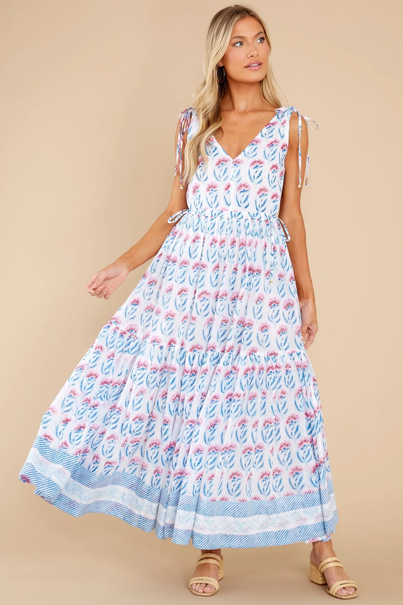 Poppy Blue Cinched V Neck Maxi Dress