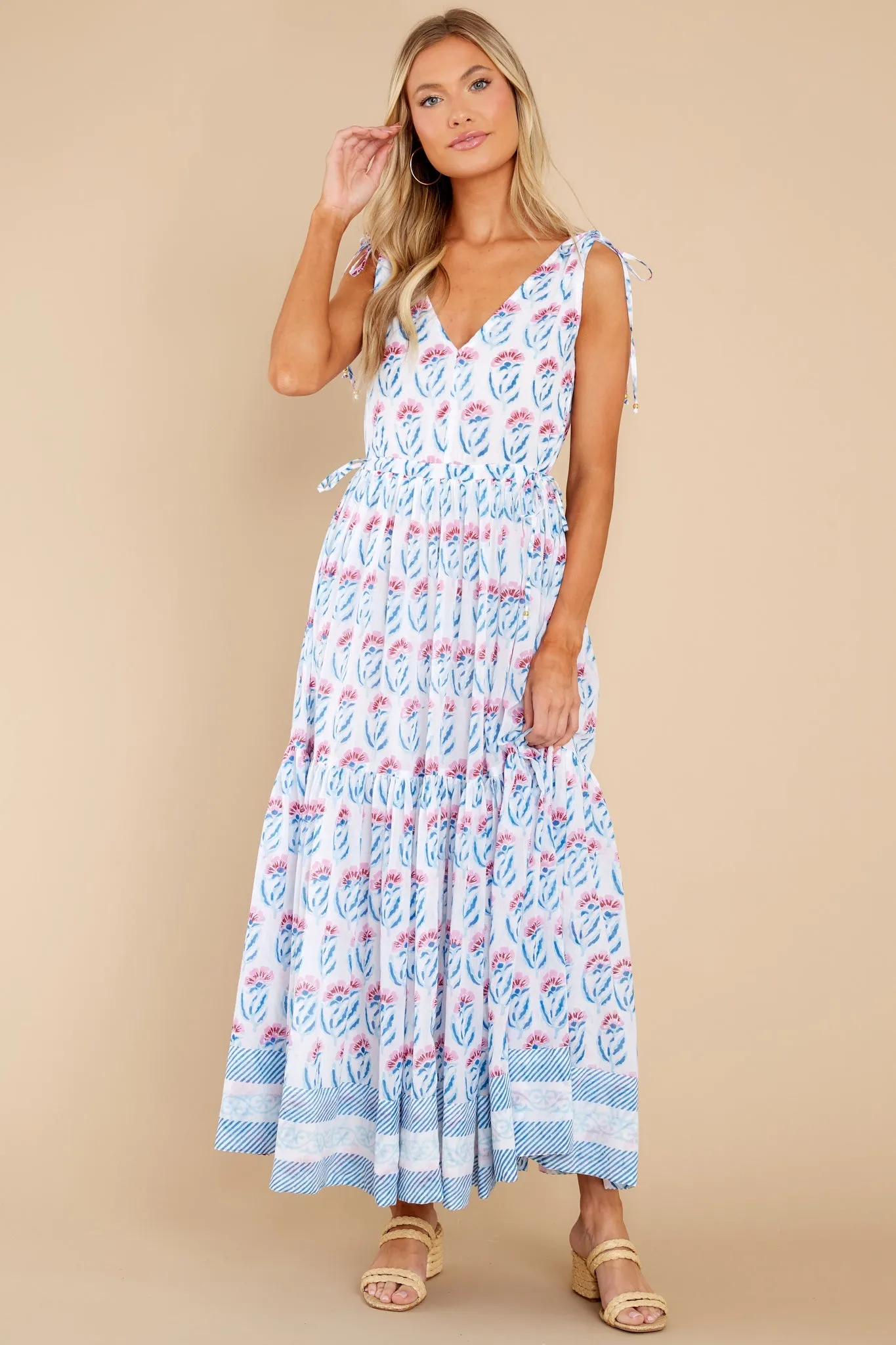 Poppy Blue Cinched V Neck Maxi Dress