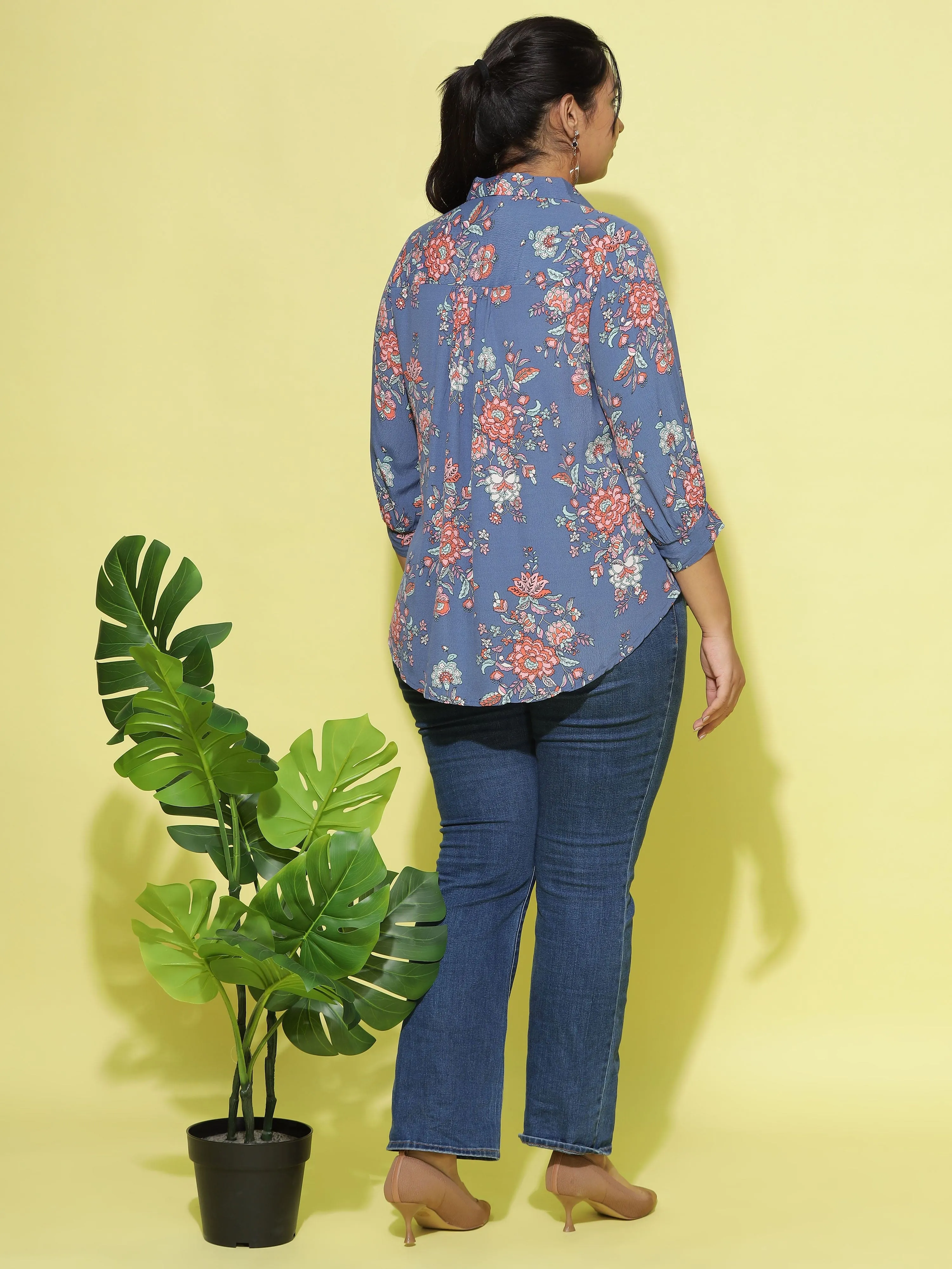 Premium Viscose Hi-Lo Top Collar Neck Denim Blue