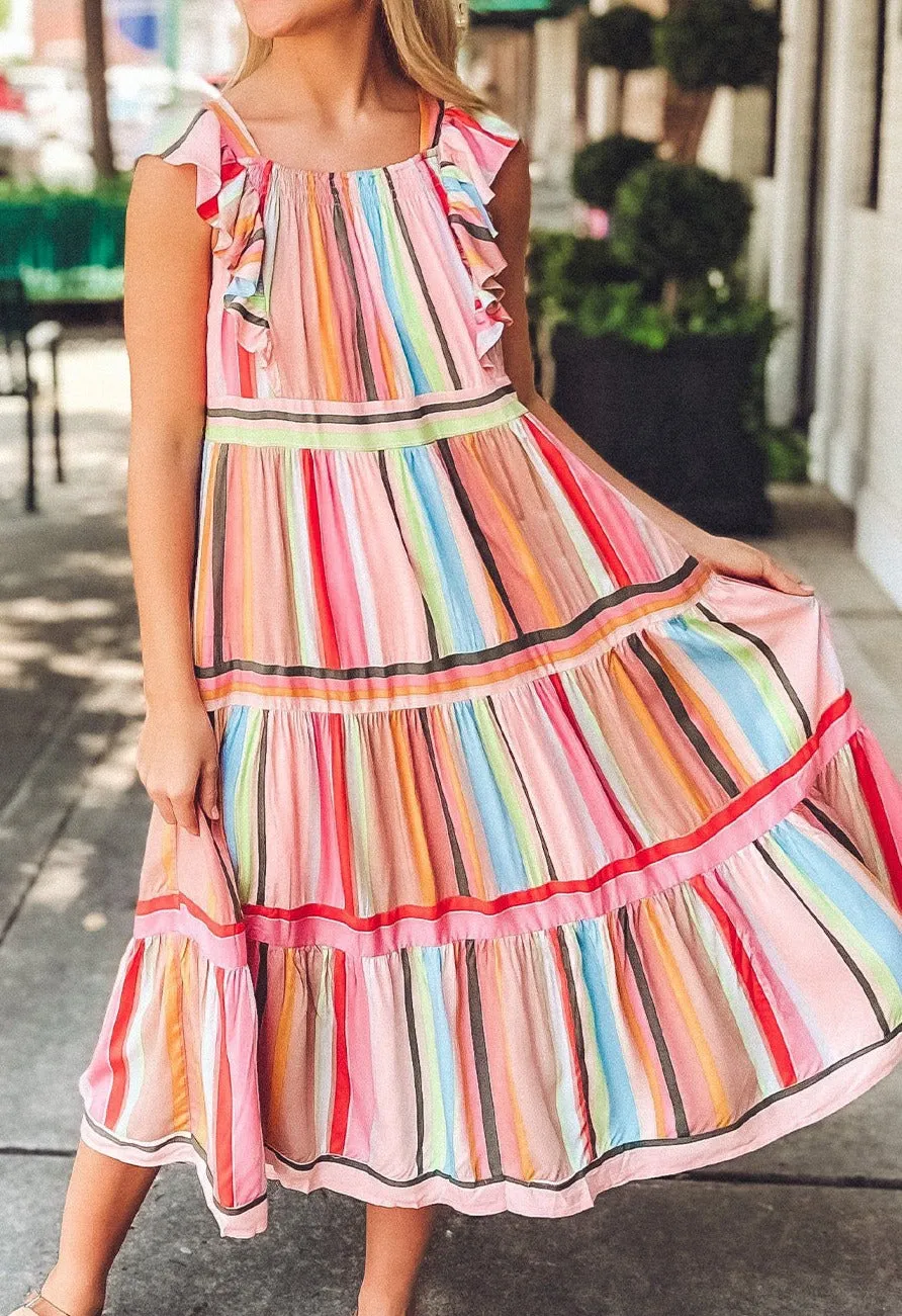 Rainbow Stripe Ruffles Dress