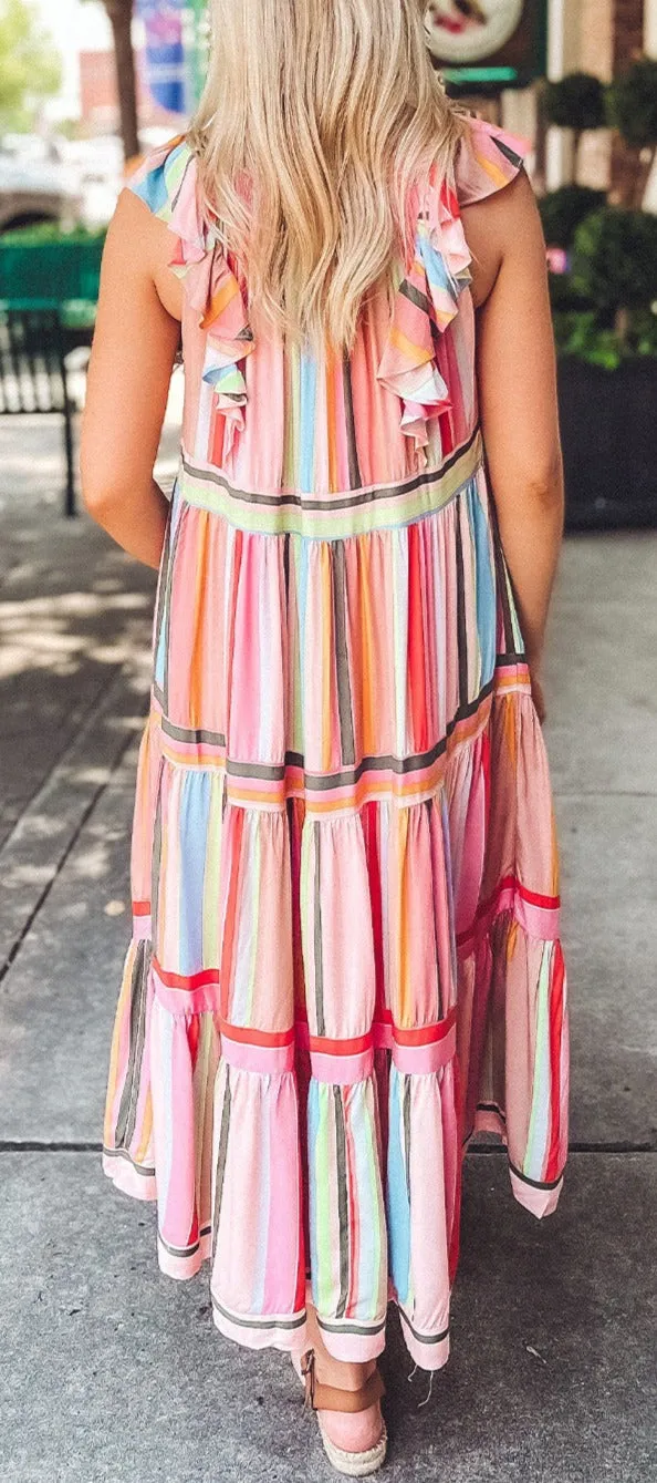 Rainbow Stripe Ruffles Dress