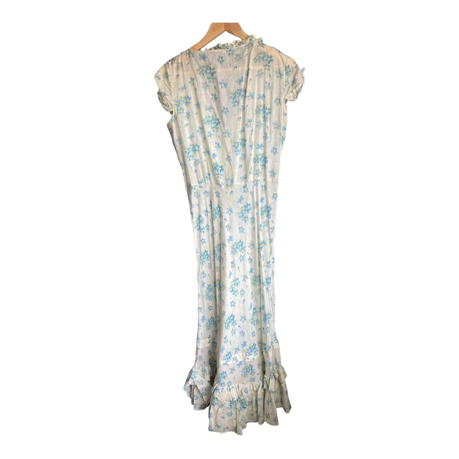 Ralph Lauren Cotton Cream and Blue Floral Capped Sleeved Long Length Dress UK Size 6