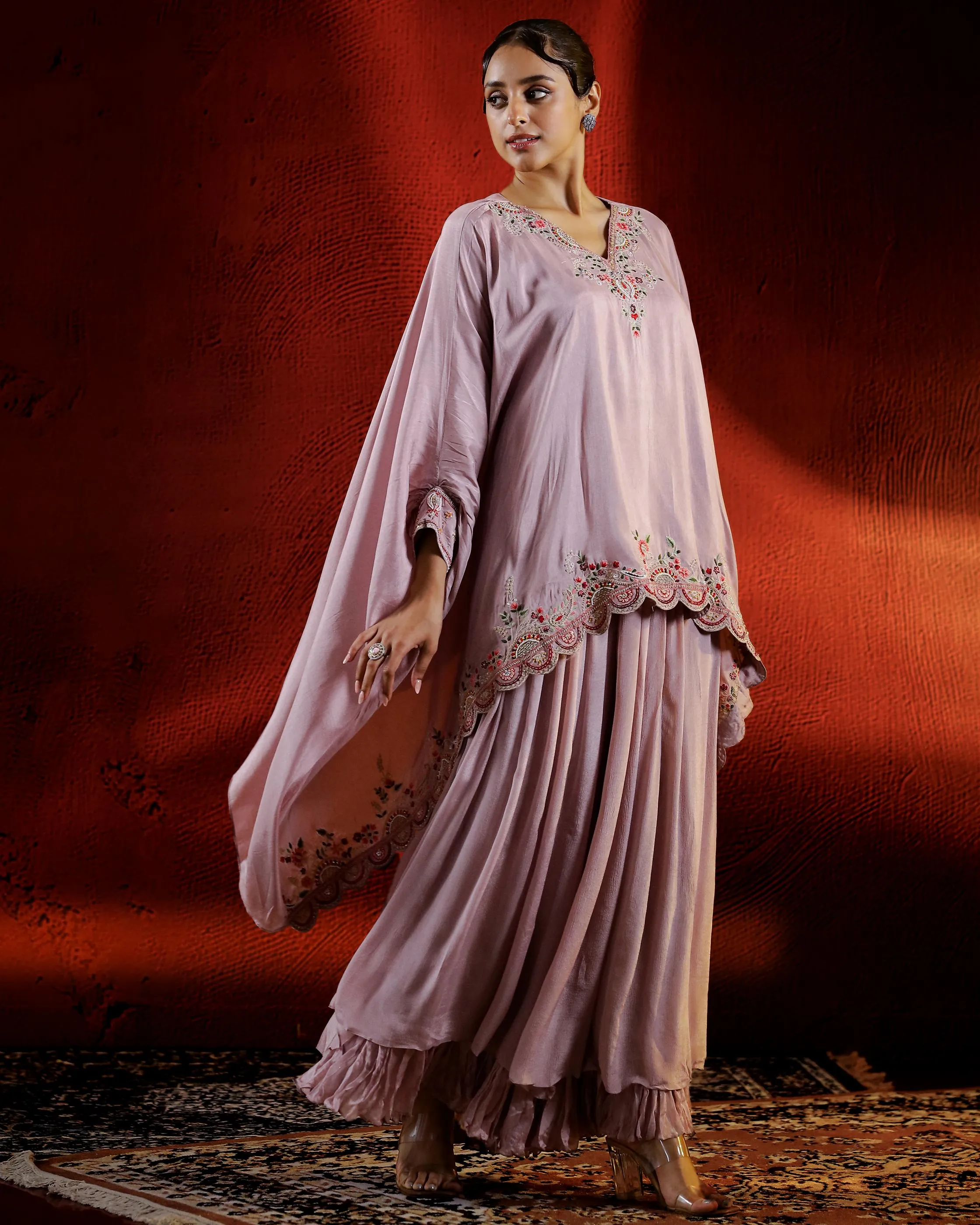 Rose Gold Embroidered Spanish Silk Kaftan Palazzo Set