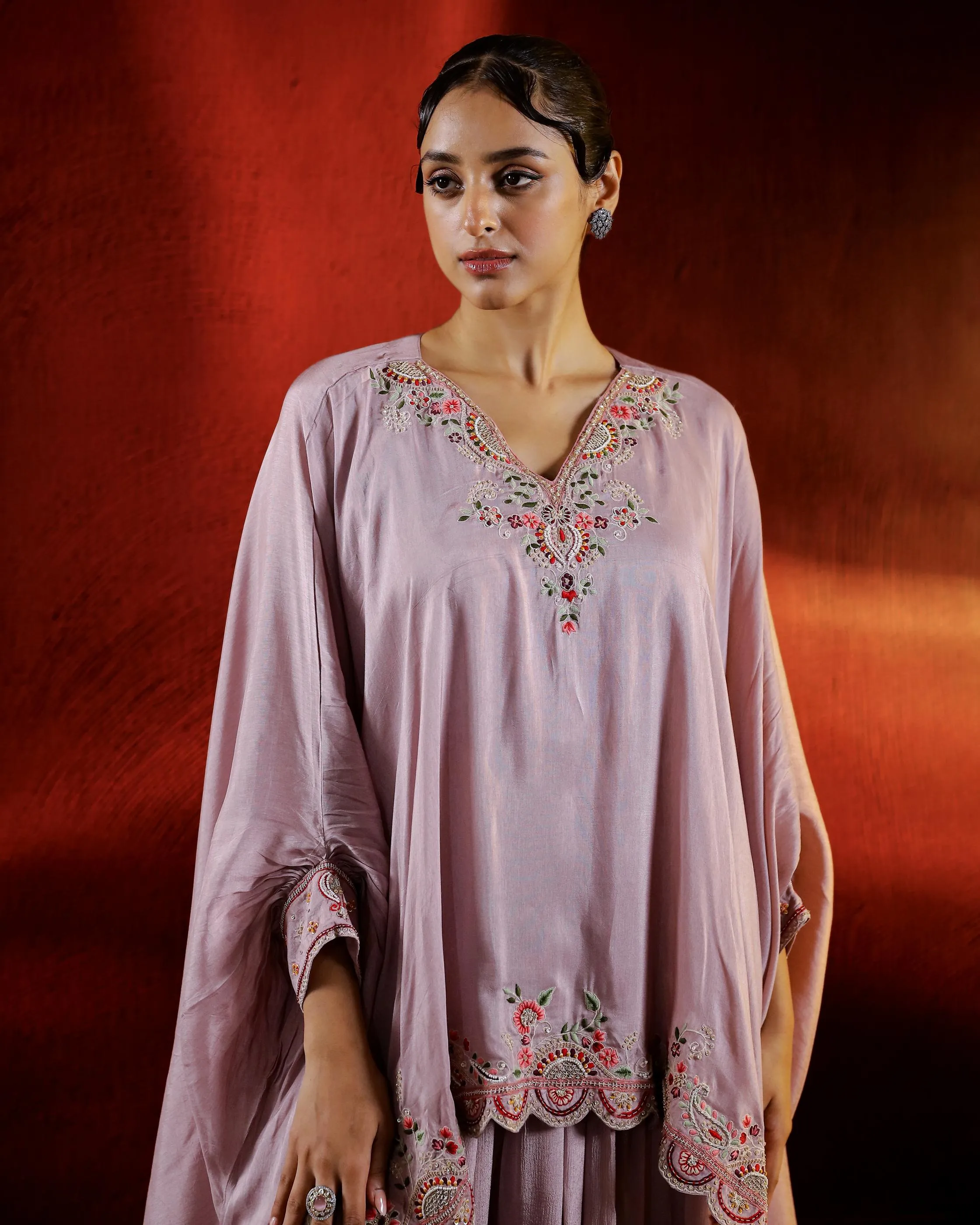 Rose Gold Embroidered Spanish Silk Kaftan Palazzo Set