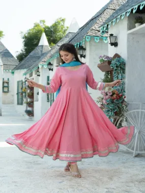 Rose Pink Rayon Flared Anarkali Set (Set of 3)