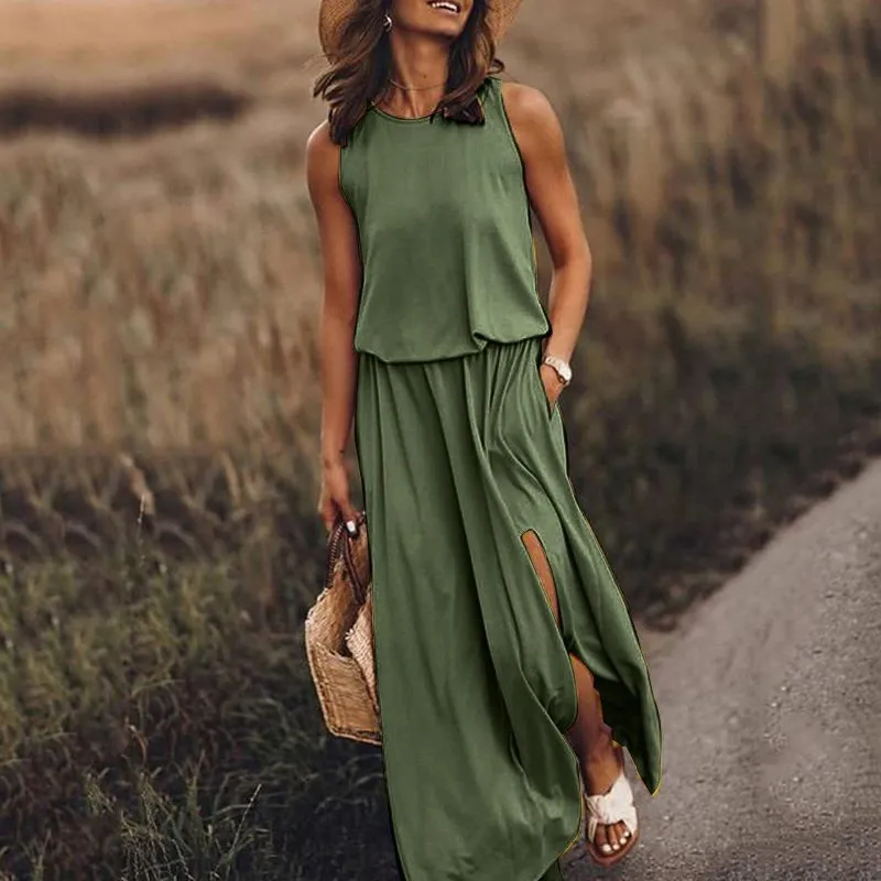 Round Neck Slit Long Dress