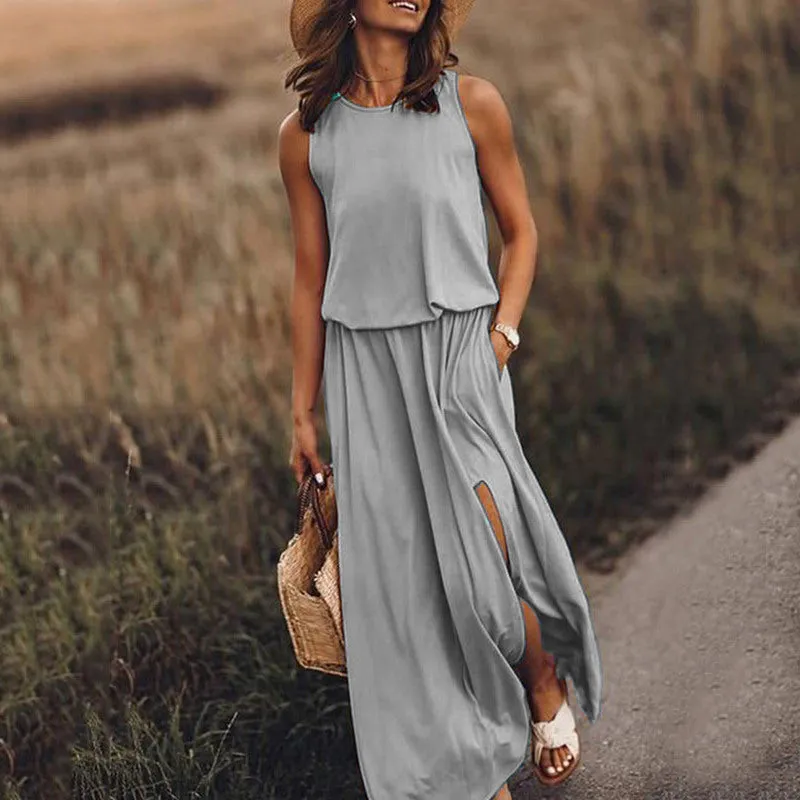 Round Neck Slit Long Dress