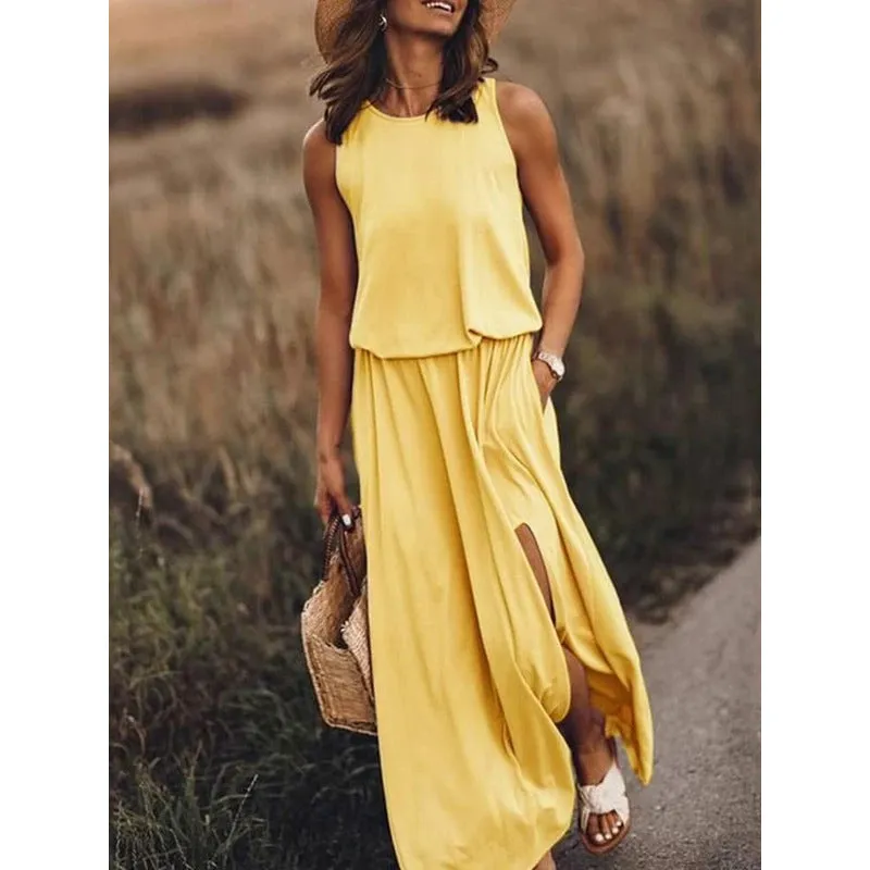 Round Neck Slit Long Dress