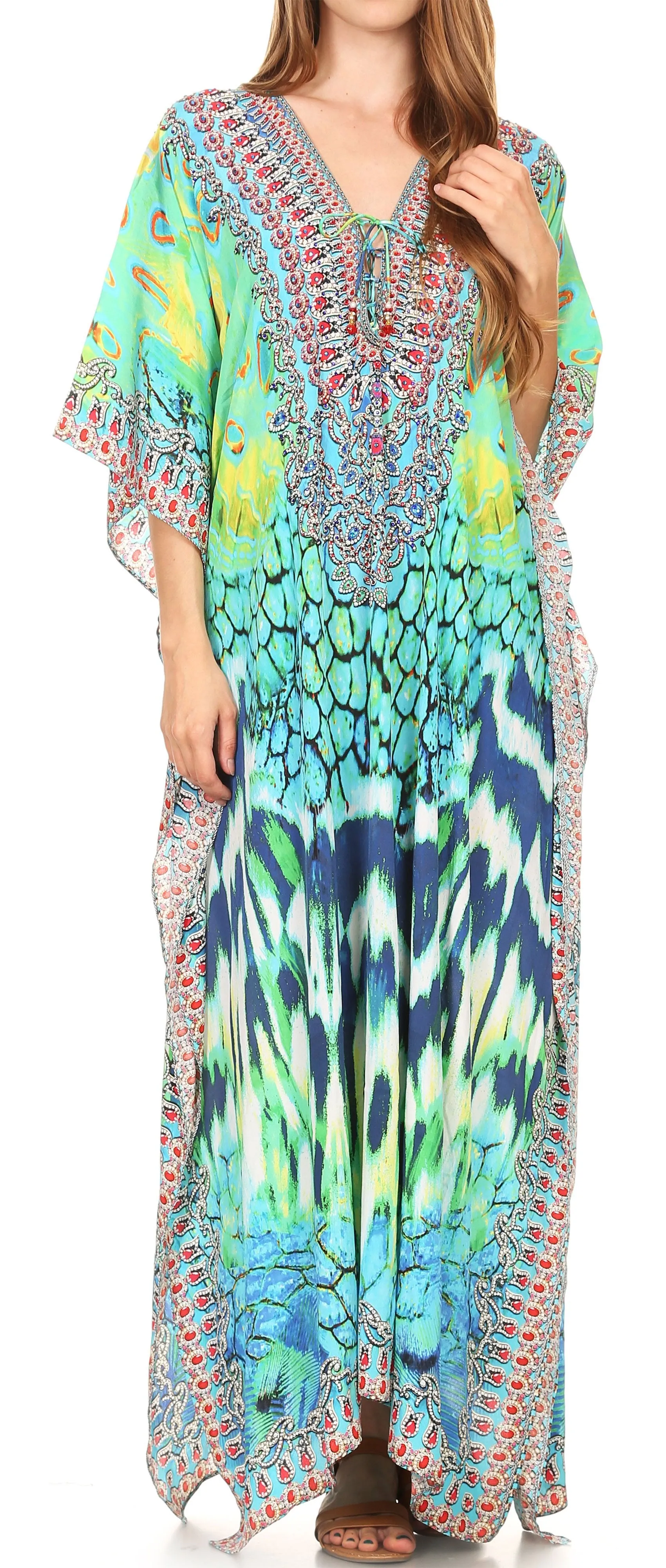 Sakkas Georgettina Flowy Rhinestone V Neck Long Caftan Dress/Cover Up