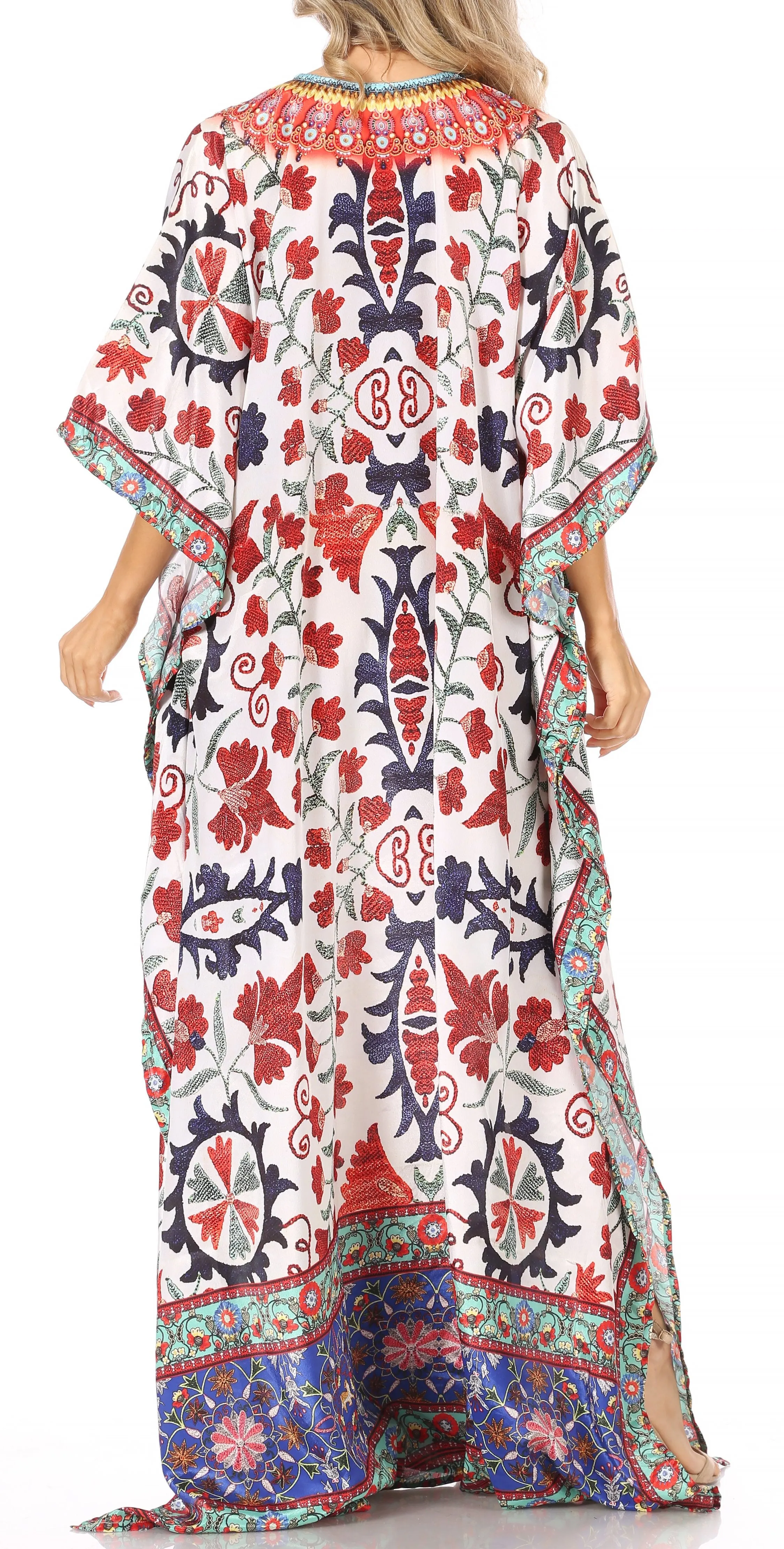 Sakkas Georgettina Flowy Rhinestone V Neck Long Caftan Dress/Cover Up