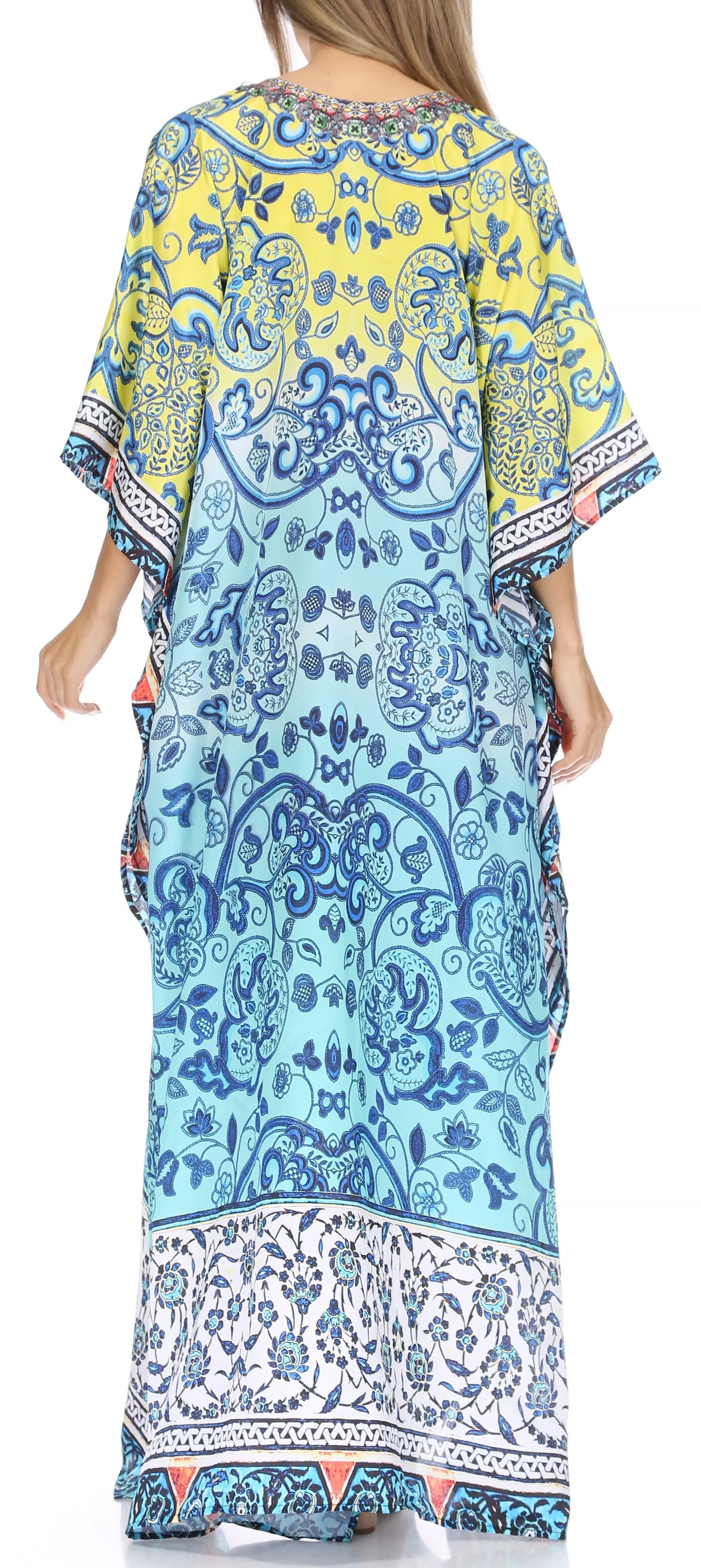 Sakkas Georgettina Flowy Rhinestone V Neck Long Caftan Dress/Cover Up