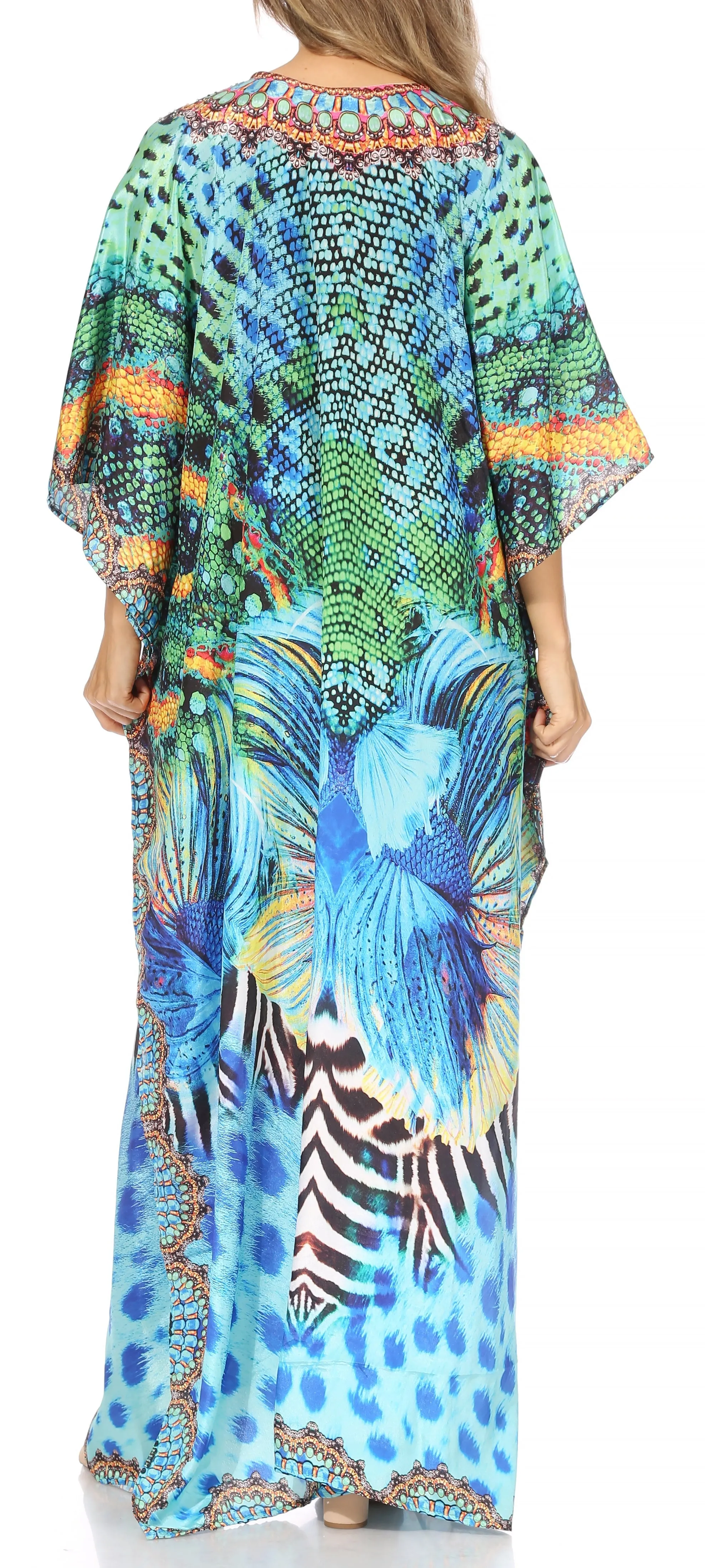 Sakkas Georgettina Flowy Rhinestone V Neck Long Caftan Dress/Cover Up