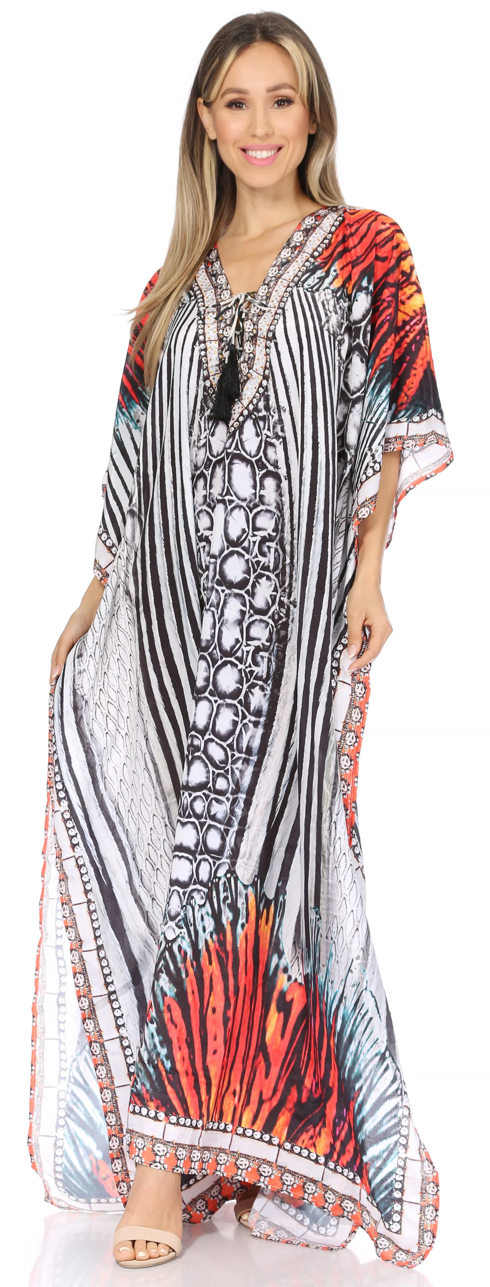 Sakkas Georgettina Flowy Rhinestone V Neck Long Caftan Dress/Cover Up