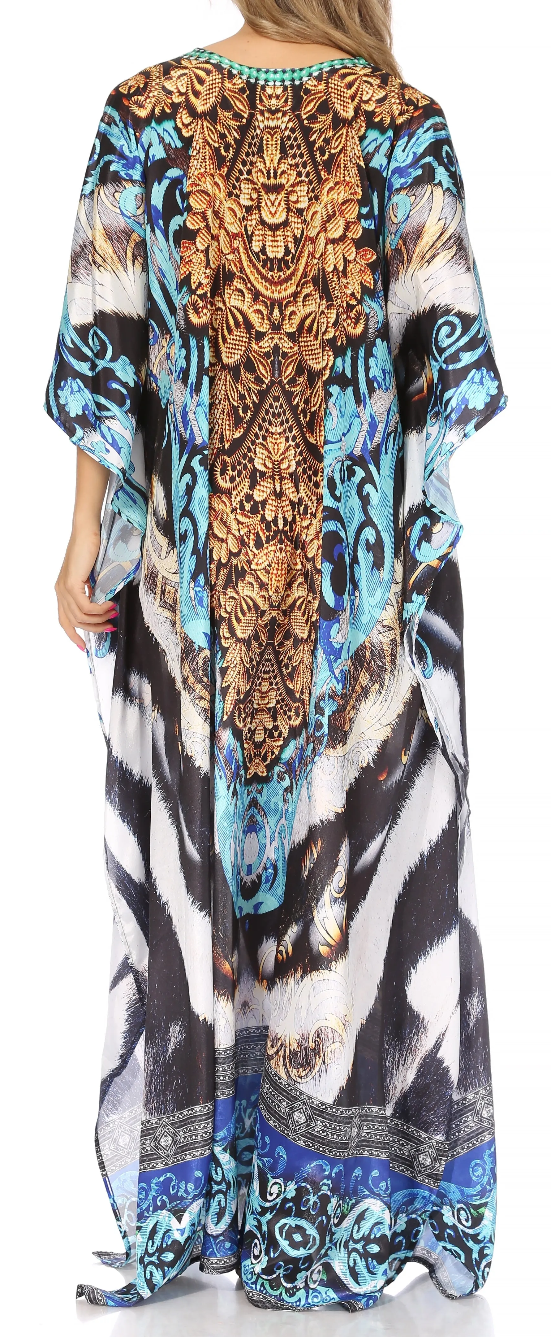 Sakkas Georgettina Flowy Rhinestone V Neck Long Caftan Dress/Cover Up