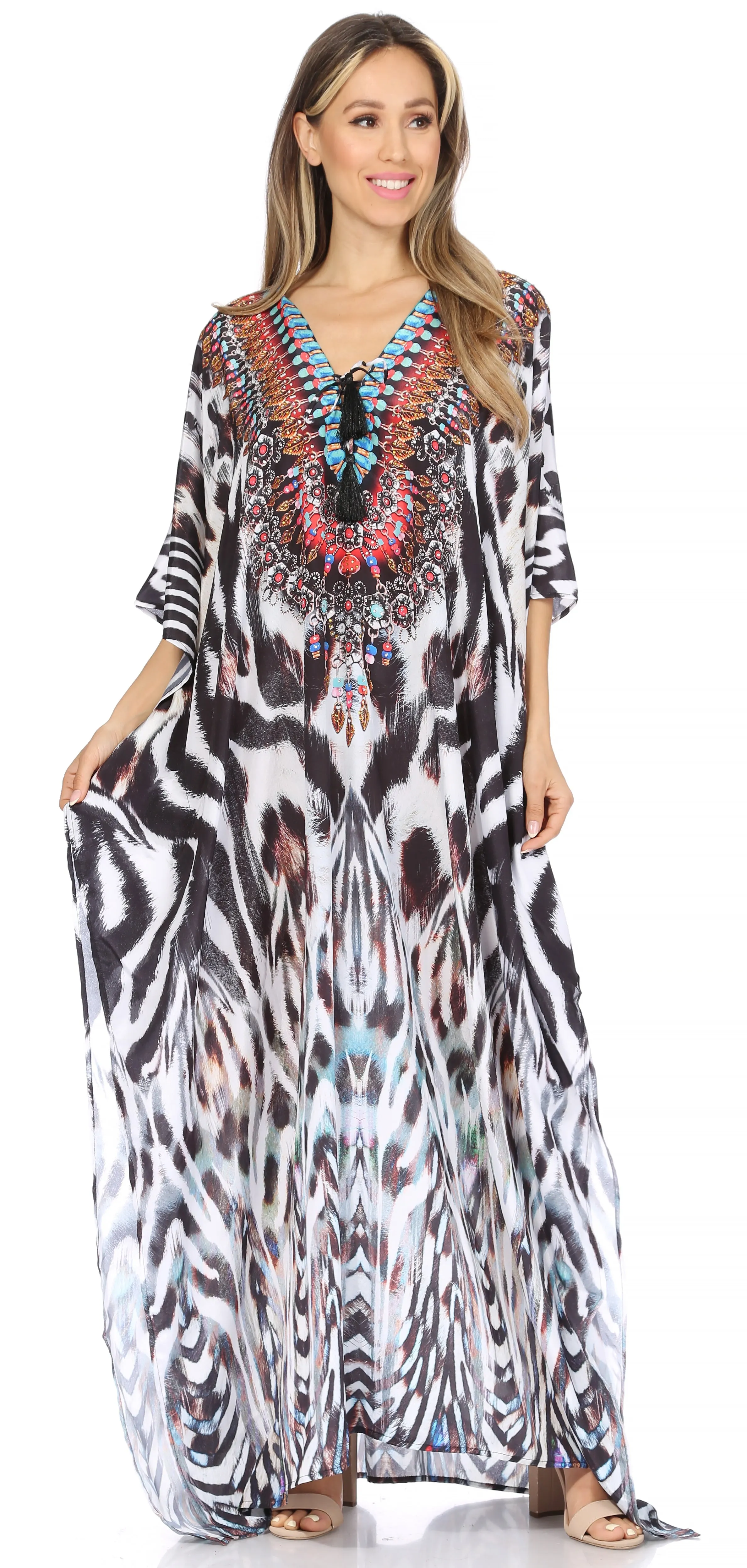 Sakkas Georgettina Flowy Rhinestone V Neck Long Caftan Dress/Cover Up