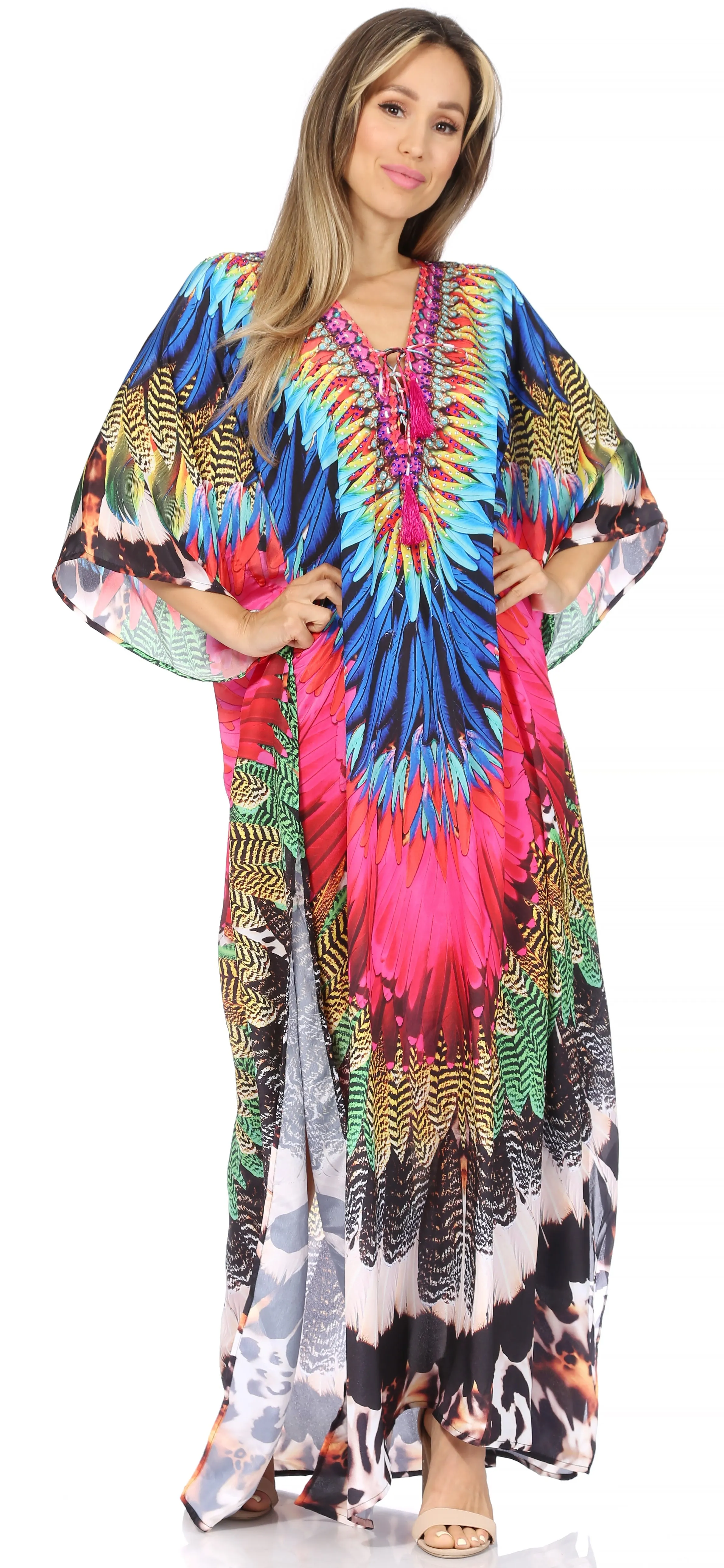 Sakkas Georgettina Flowy Rhinestone V Neck Long Caftan Dress/Cover Up