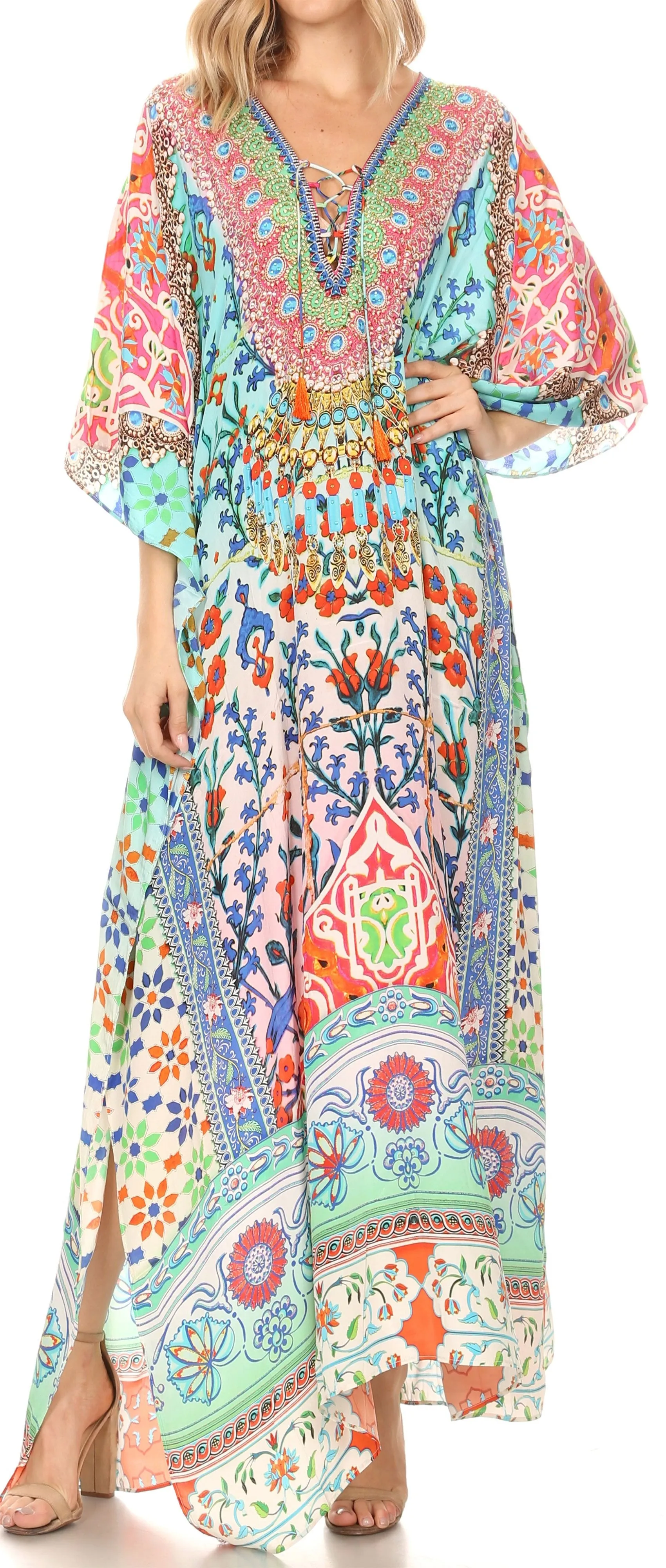 Sakkas Georgettina Flowy Rhinestone V Neck Long Caftan Dress/Cover Up