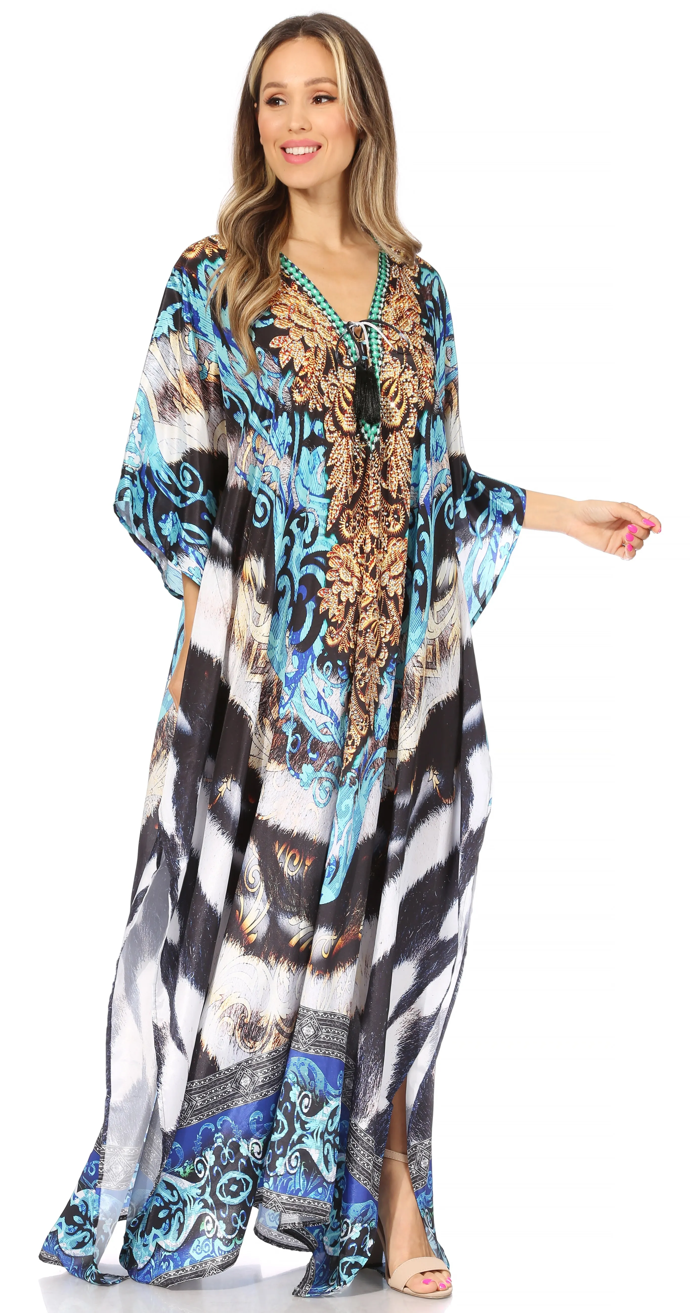 Sakkas Georgettina Flowy Rhinestone V Neck Long Caftan Dress/Cover Up