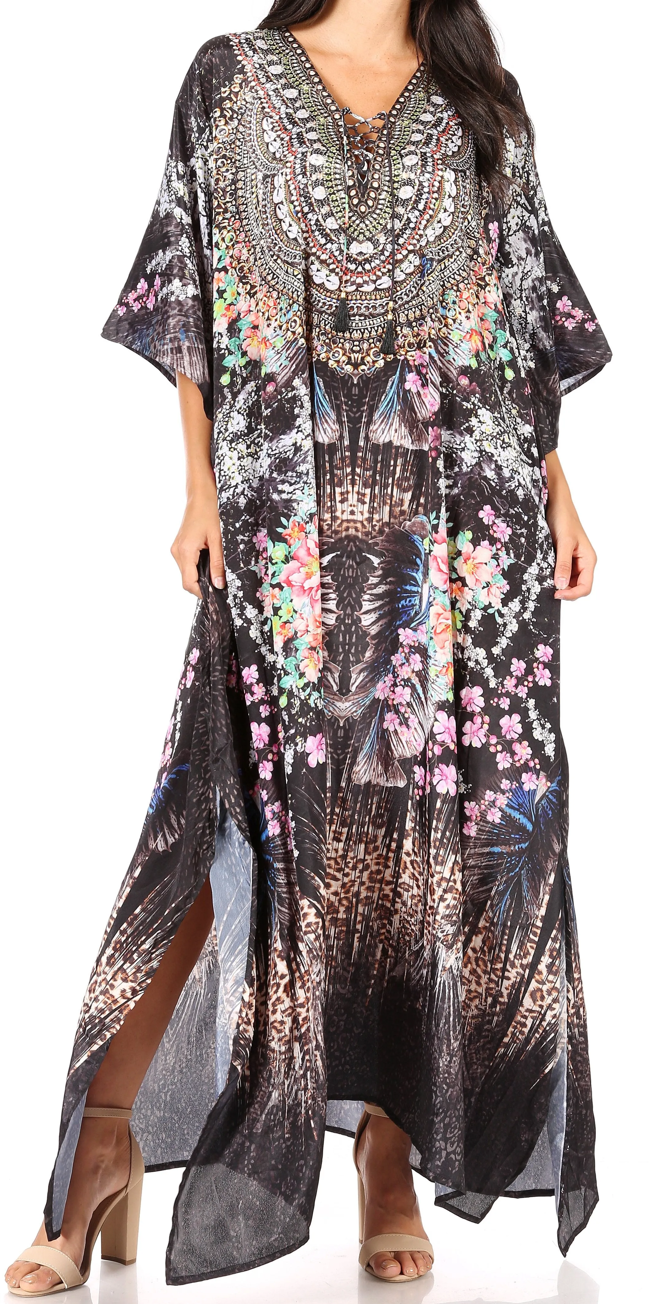 Sakkas Georgettina Flowy Rhinestone V Neck Long Caftan Dress/Cover Up