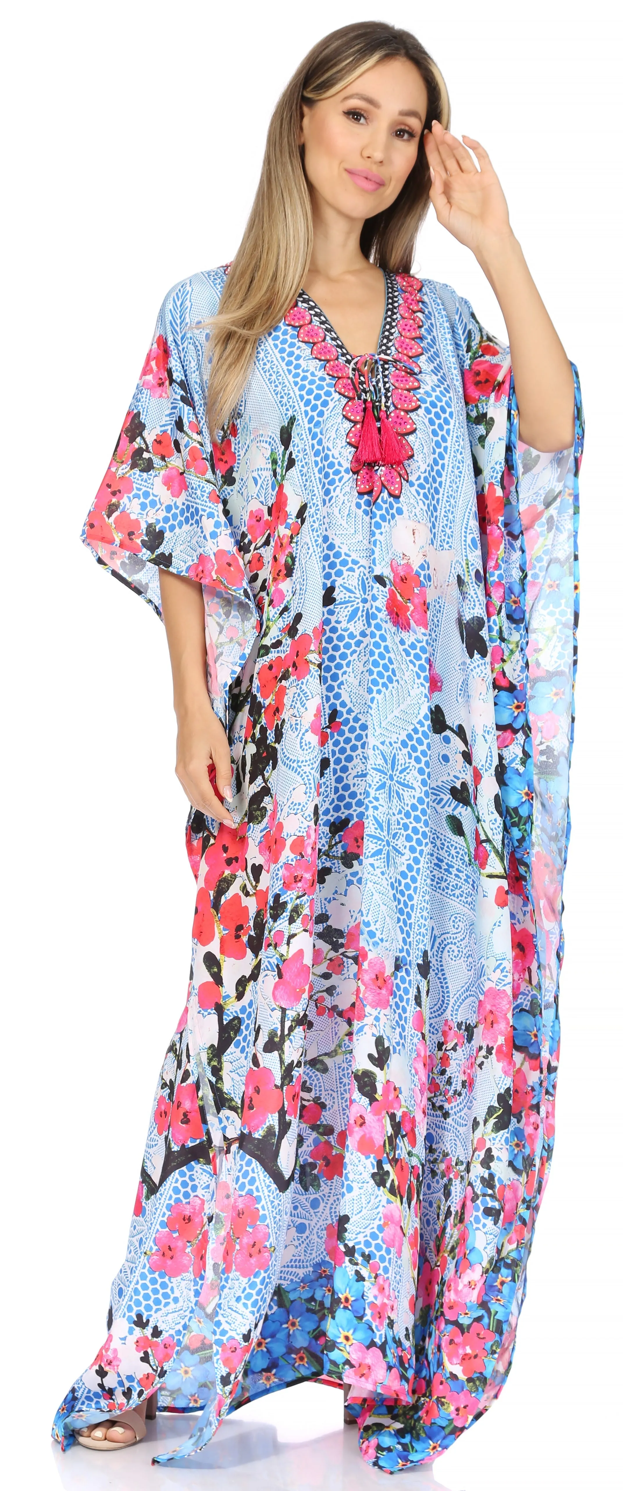 Sakkas Georgettina Flowy Rhinestone V Neck Long Caftan Dress/Cover Up