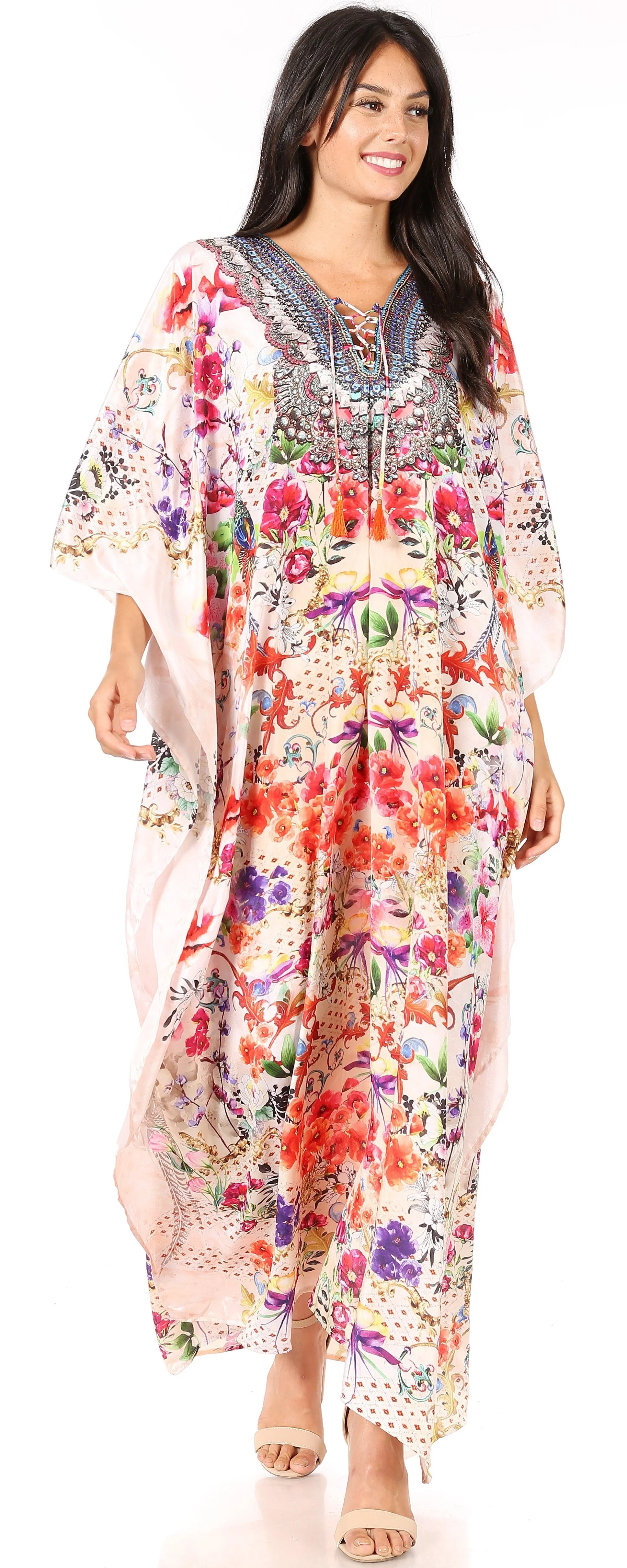 Sakkas Georgettina Flowy Rhinestone V Neck Long Caftan Dress/Cover Up