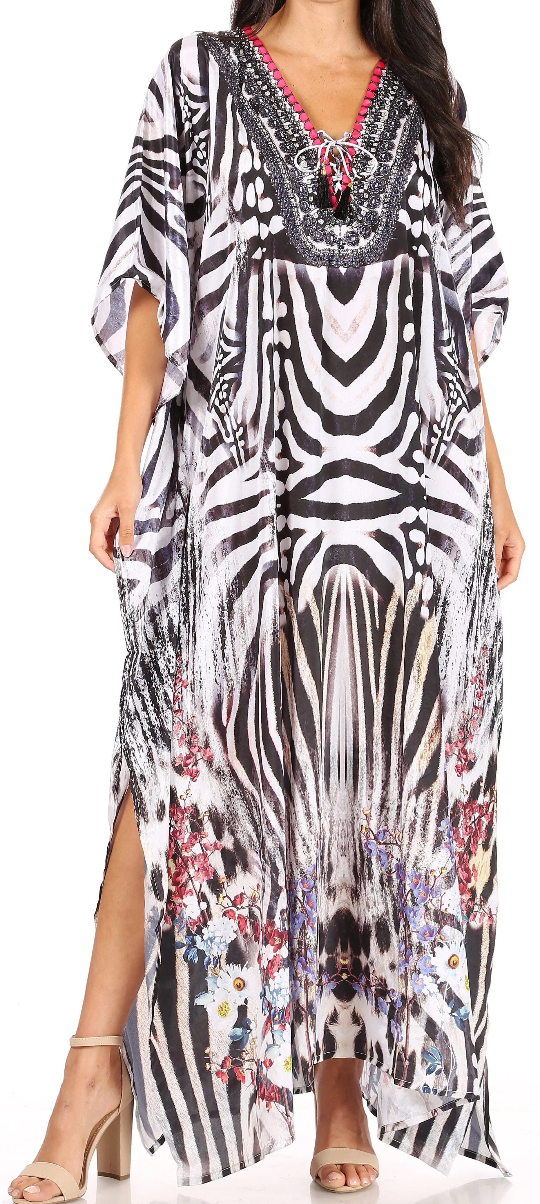 Sakkas Georgettina Flowy Rhinestone V Neck Long Caftan Dress/Cover Up