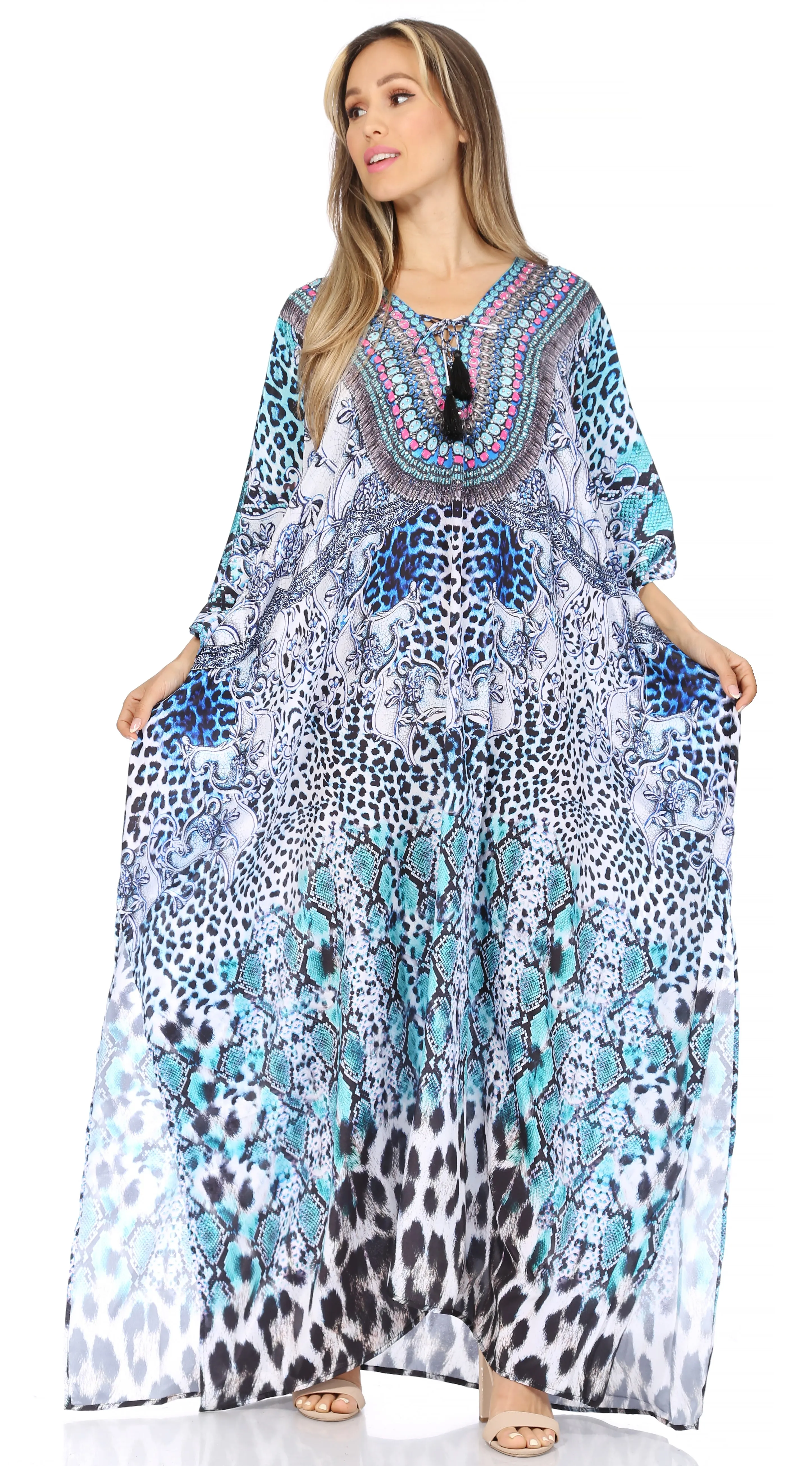 Sakkas Georgettina Flowy Rhinestone V Neck Long Caftan Dress/Cover Up