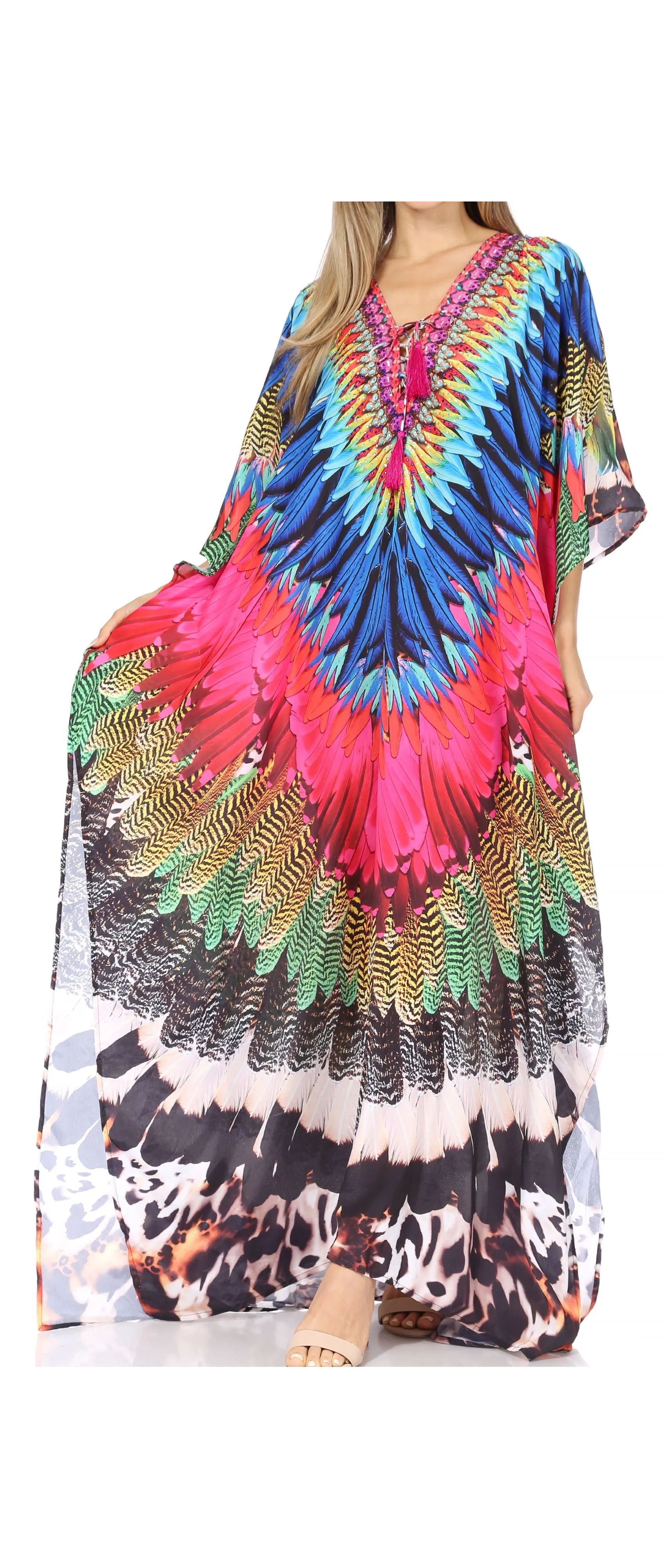 Sakkas Georgettina Flowy Rhinestone V Neck Long Caftan Dress/Cover Up