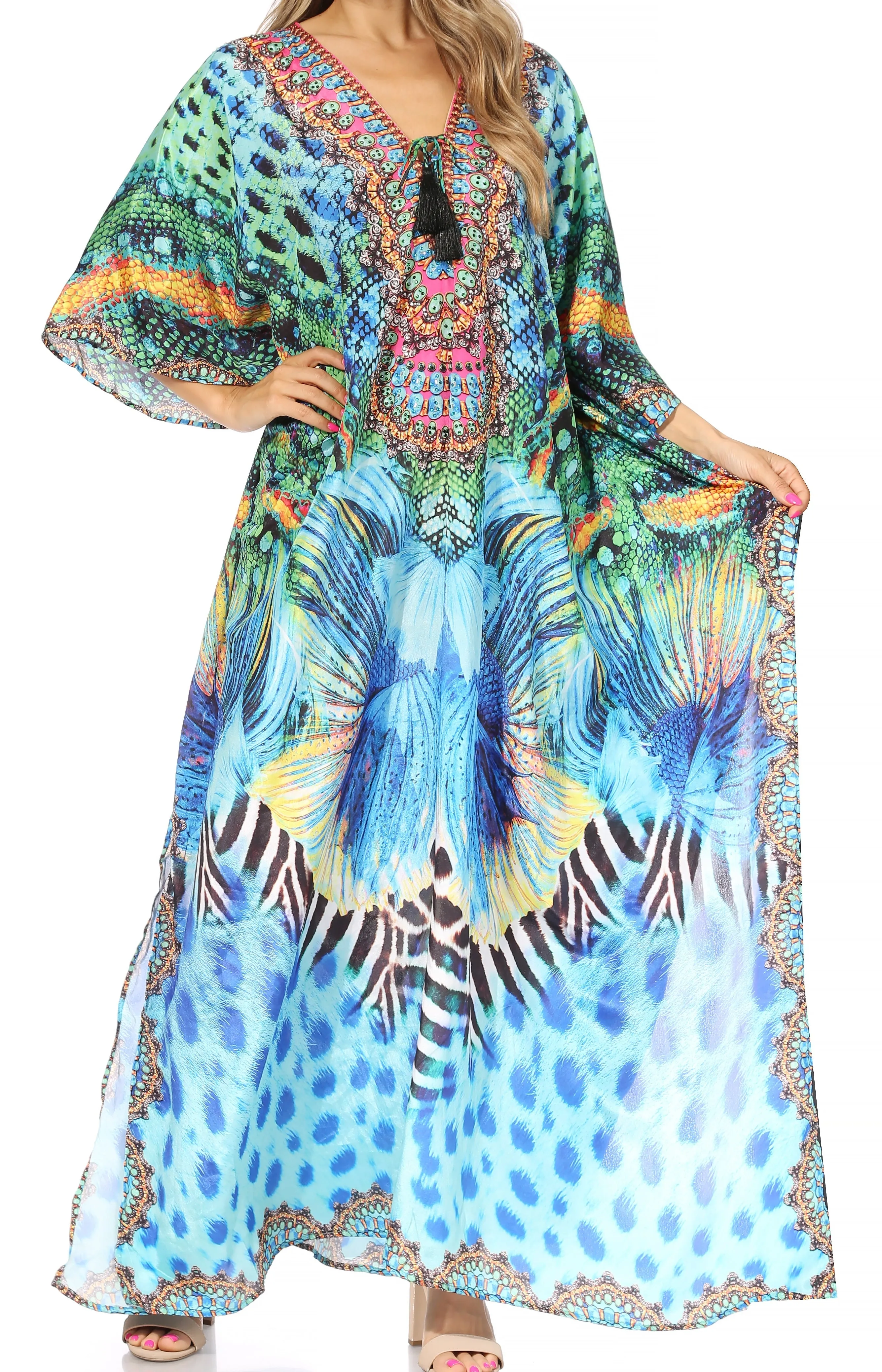 Sakkas Georgettina Flowy Rhinestone V Neck Long Caftan Dress/Cover Up