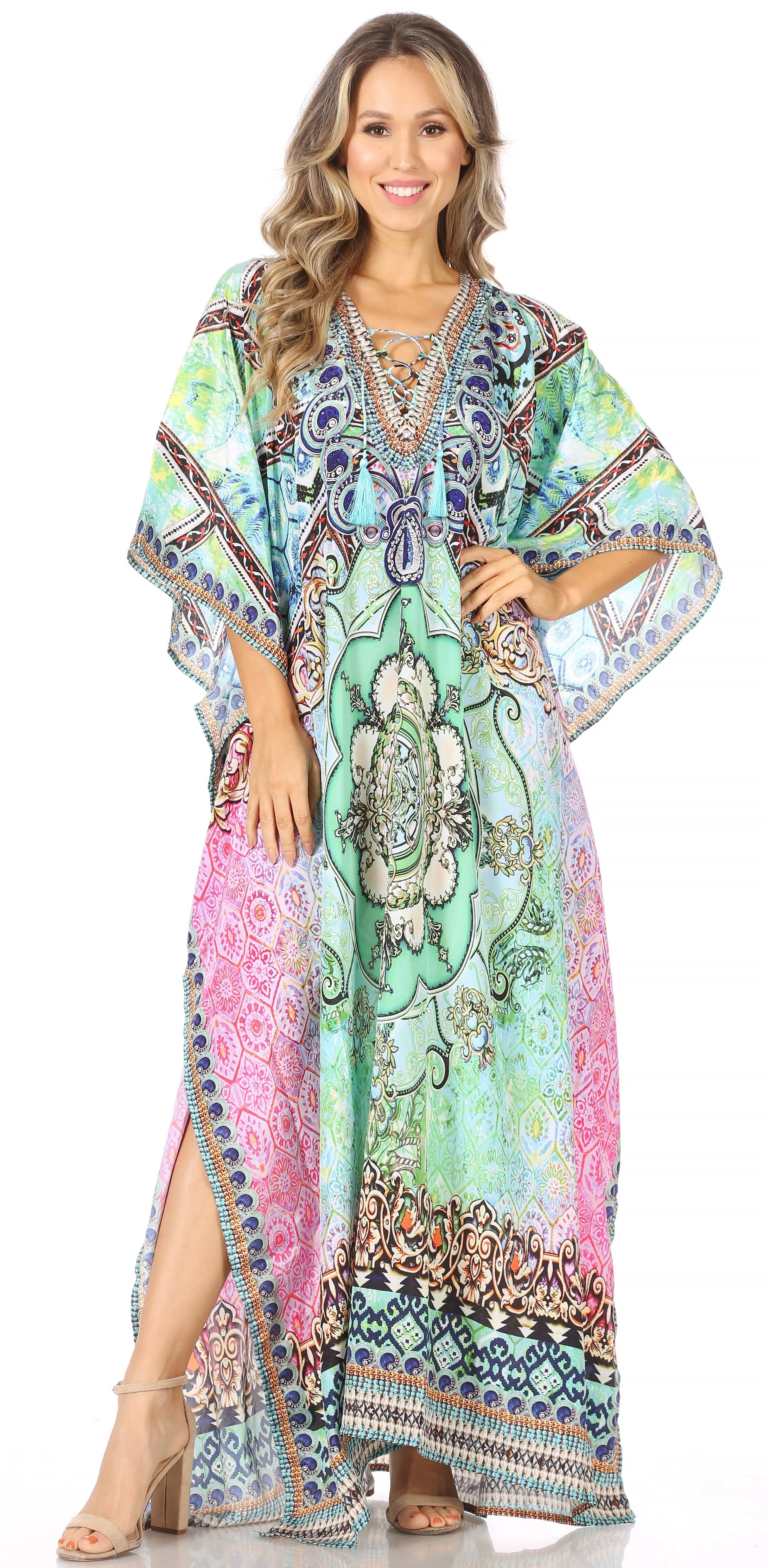 Sakkas Georgettina Flowy Rhinestone V Neck Long Caftan Dress/Cover Up