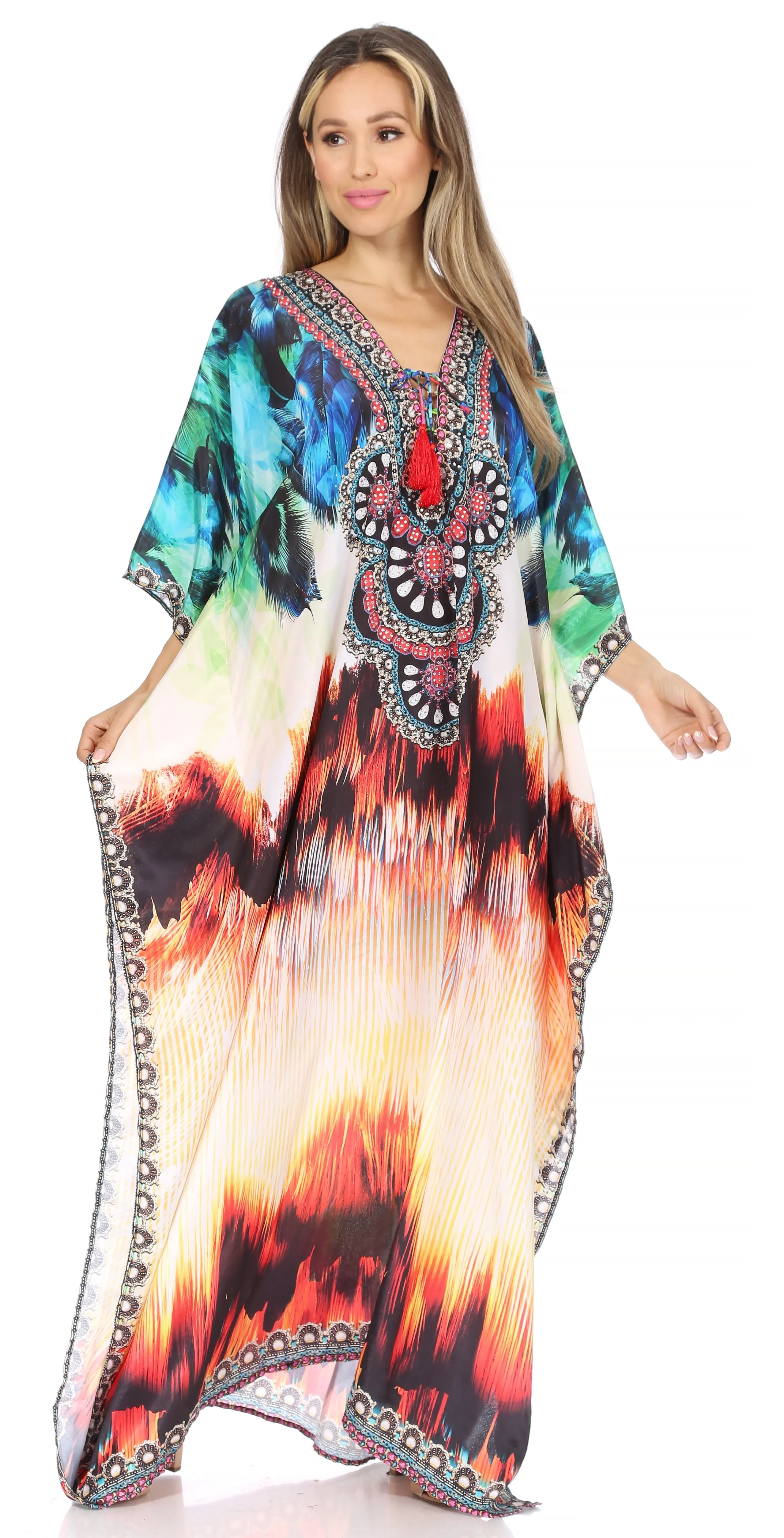 Sakkas Georgettina Flowy Rhinestone V Neck Long Caftan Dress/Cover Up