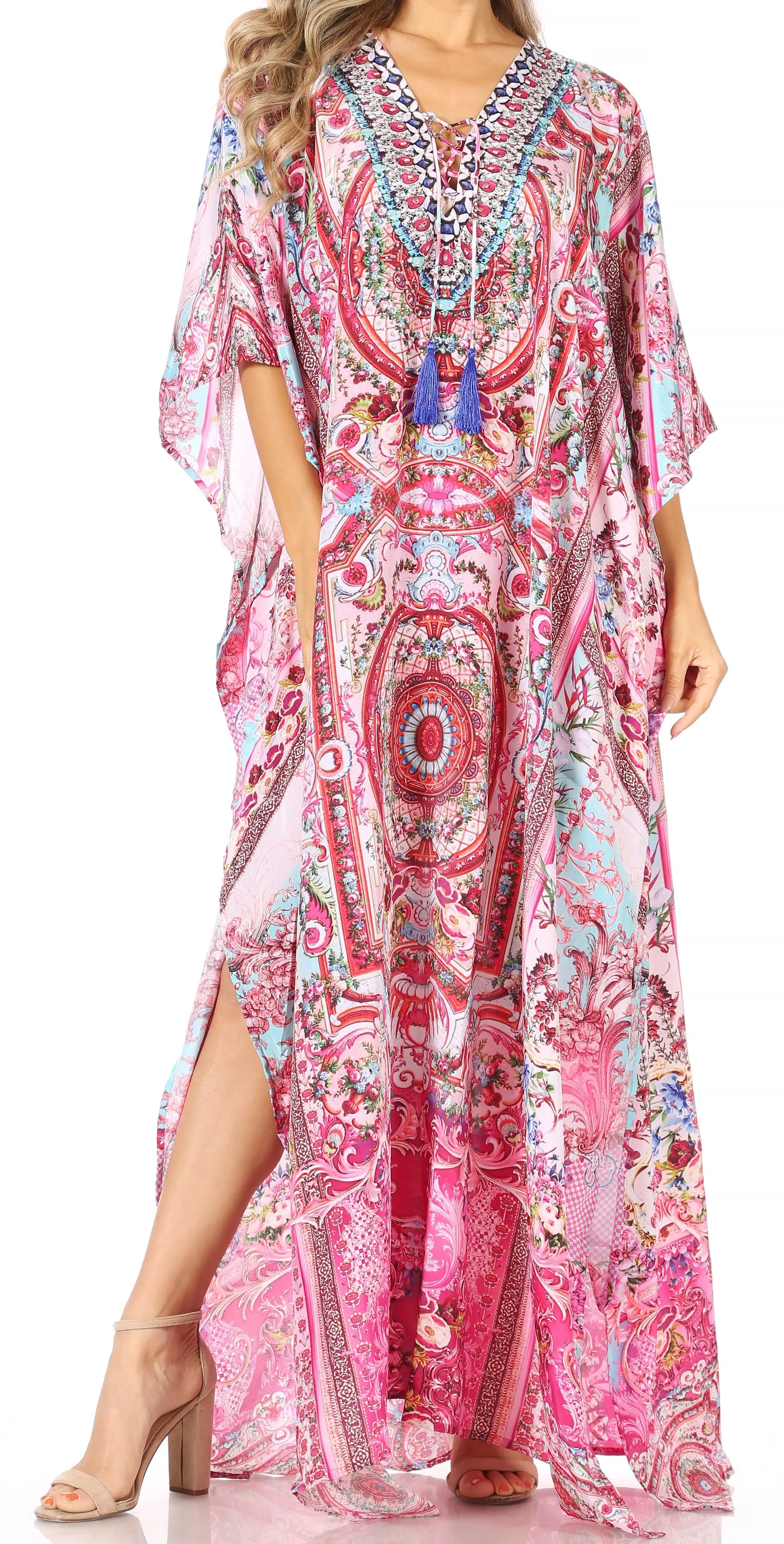 Sakkas Georgettina Flowy Rhinestone V Neck Long Caftan Dress/Cover Up