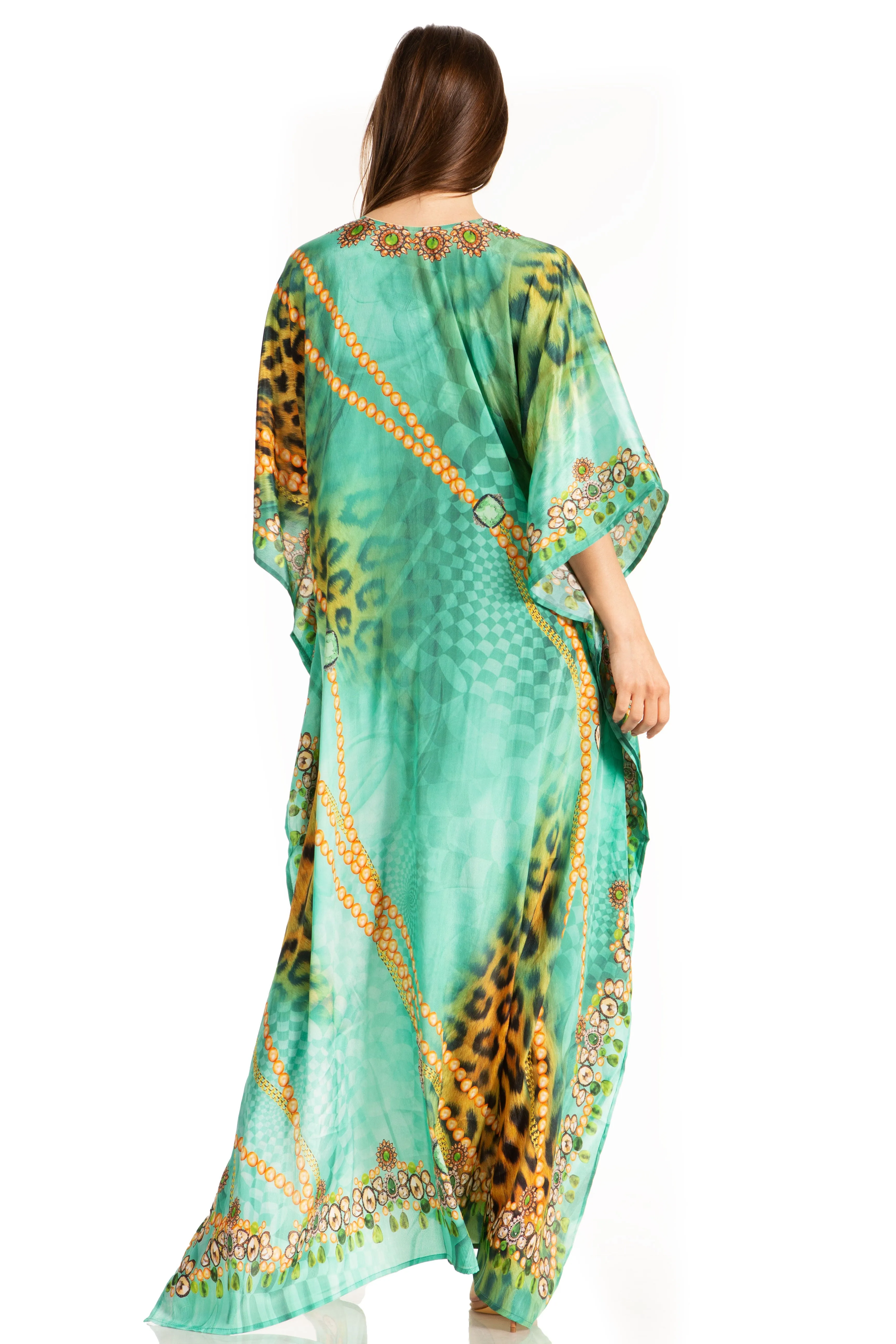 Sakkas Georgettina Flowy Rhinestone V Neck Long Caftan Dress/Cover Up