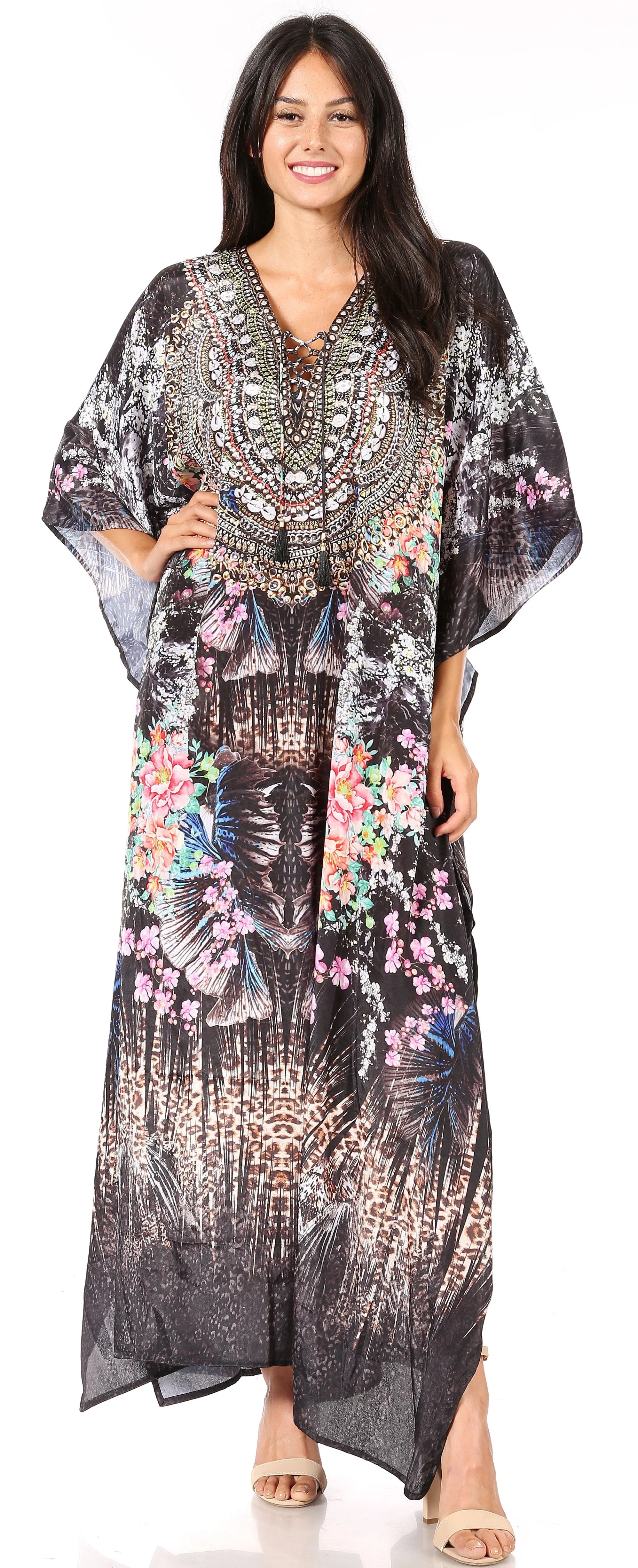 Sakkas Georgettina Flowy Rhinestone V Neck Long Caftan Dress/Cover Up