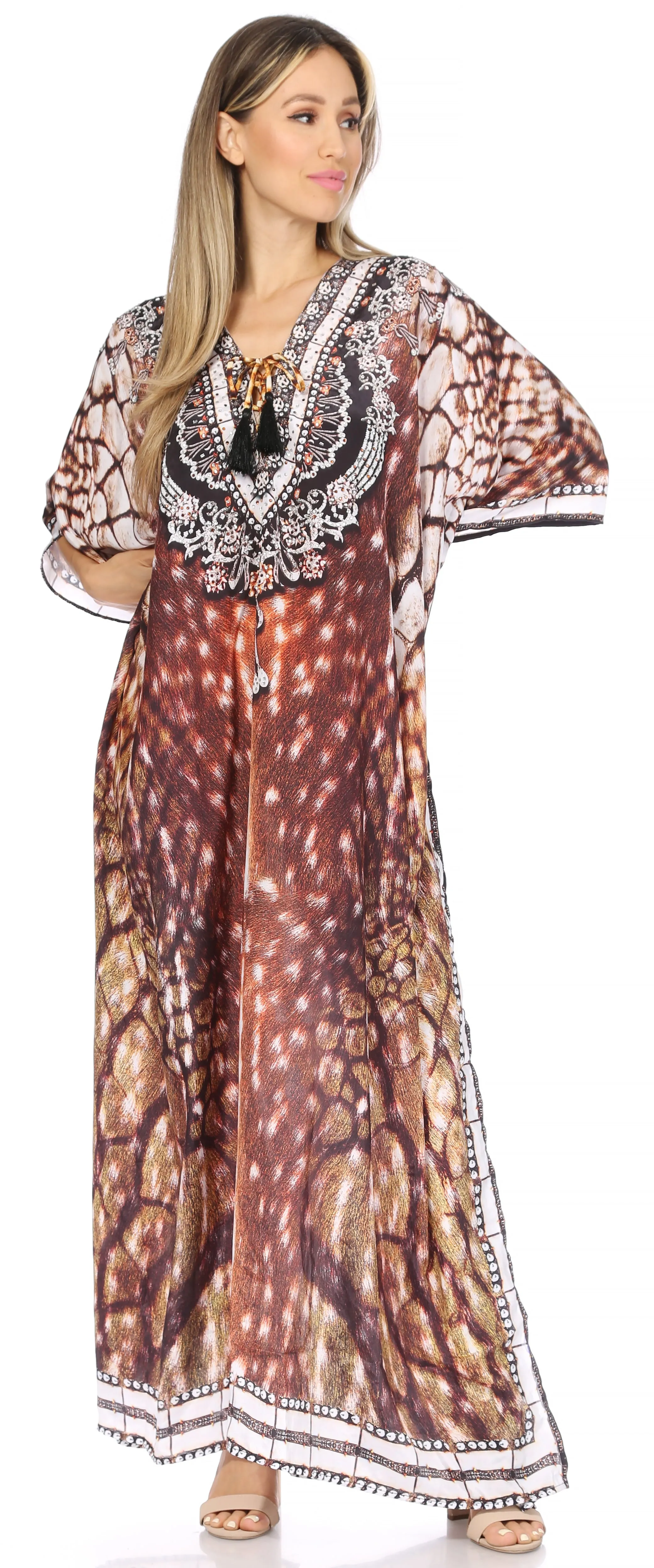 Sakkas Georgettina Flowy Rhinestone V Neck Long Caftan Dress/Cover Up