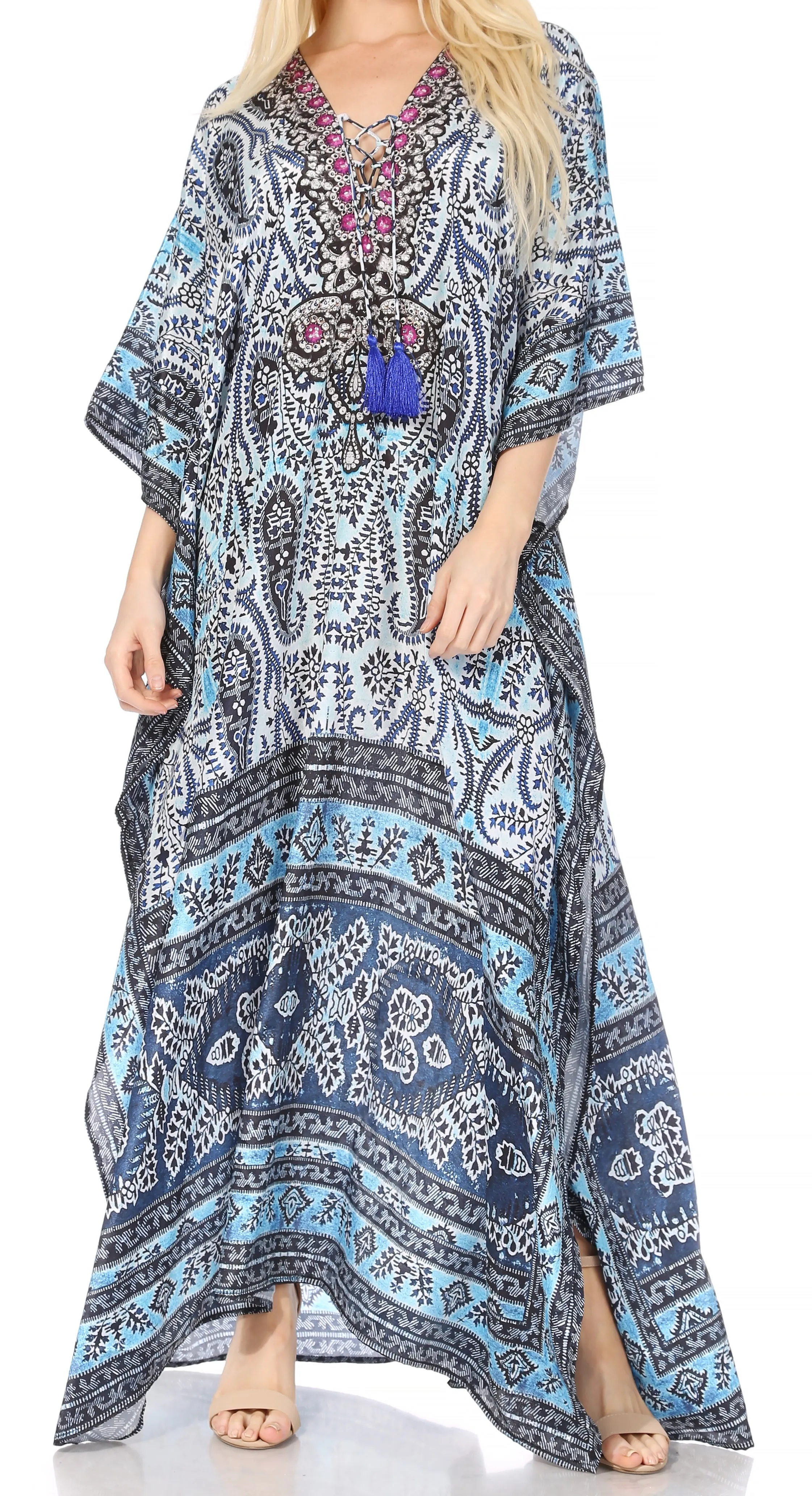 Sakkas Georgettina Flowy Rhinestone V Neck Long Caftan Dress/Cover Up