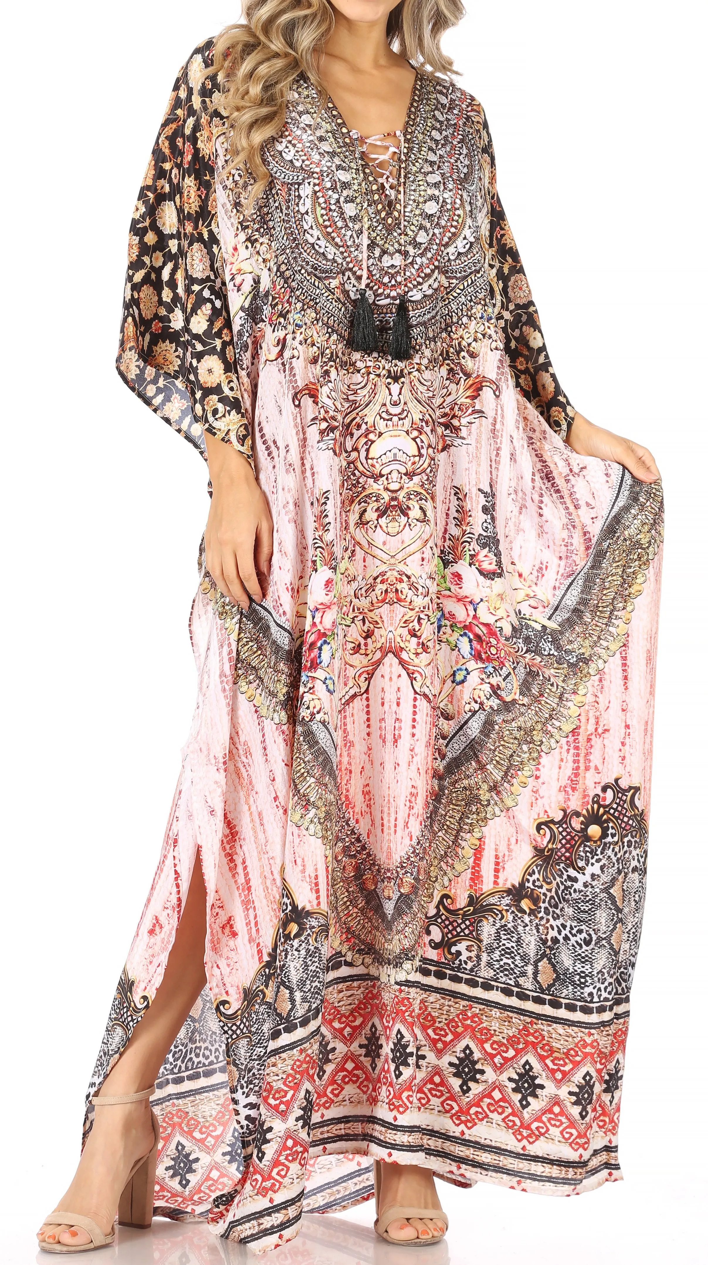 Sakkas Georgettina Flowy Rhinestone V Neck Long Caftan Dress/Cover Up