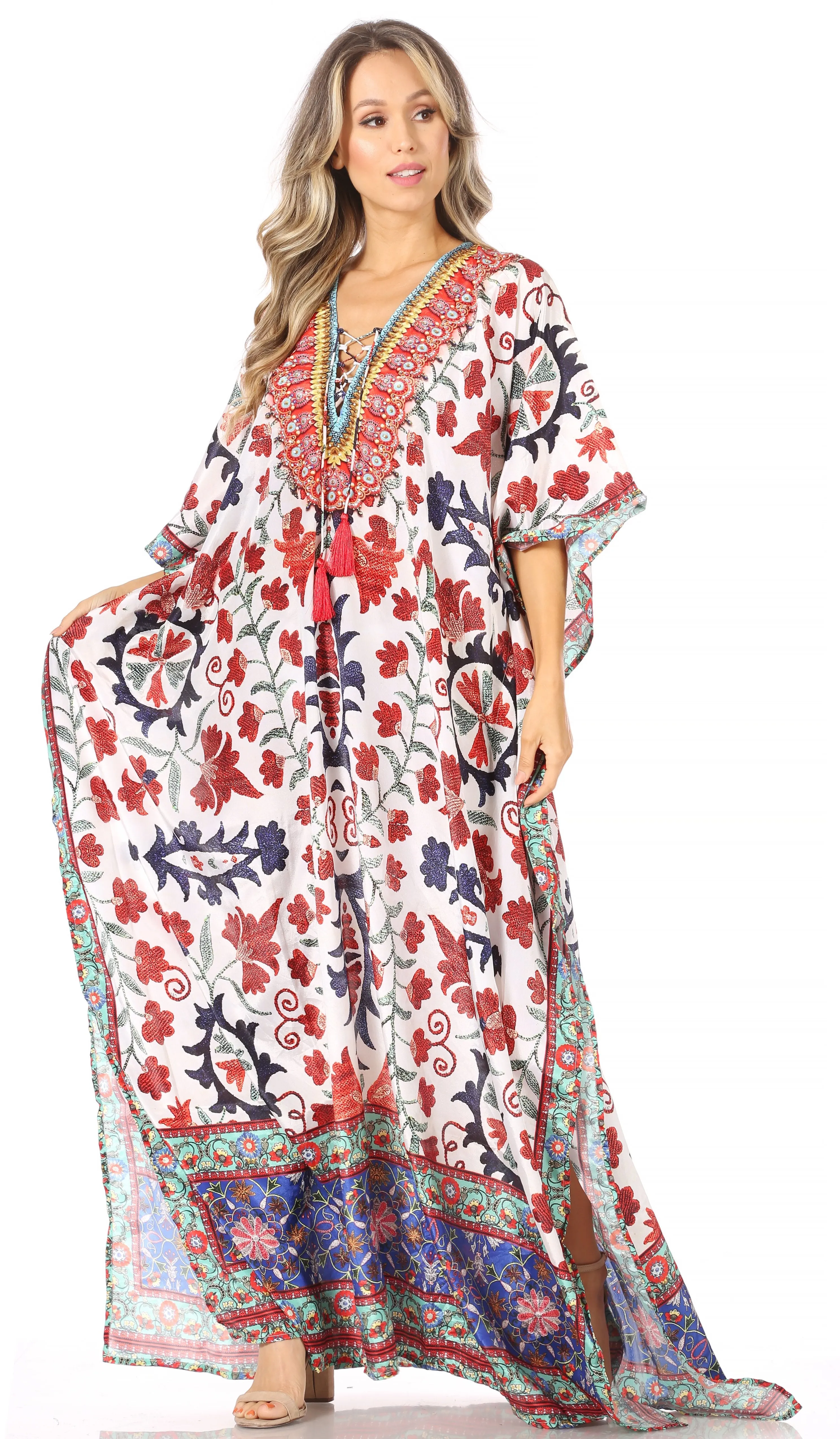 Sakkas Georgettina Flowy Rhinestone V Neck Long Caftan Dress/Cover Up