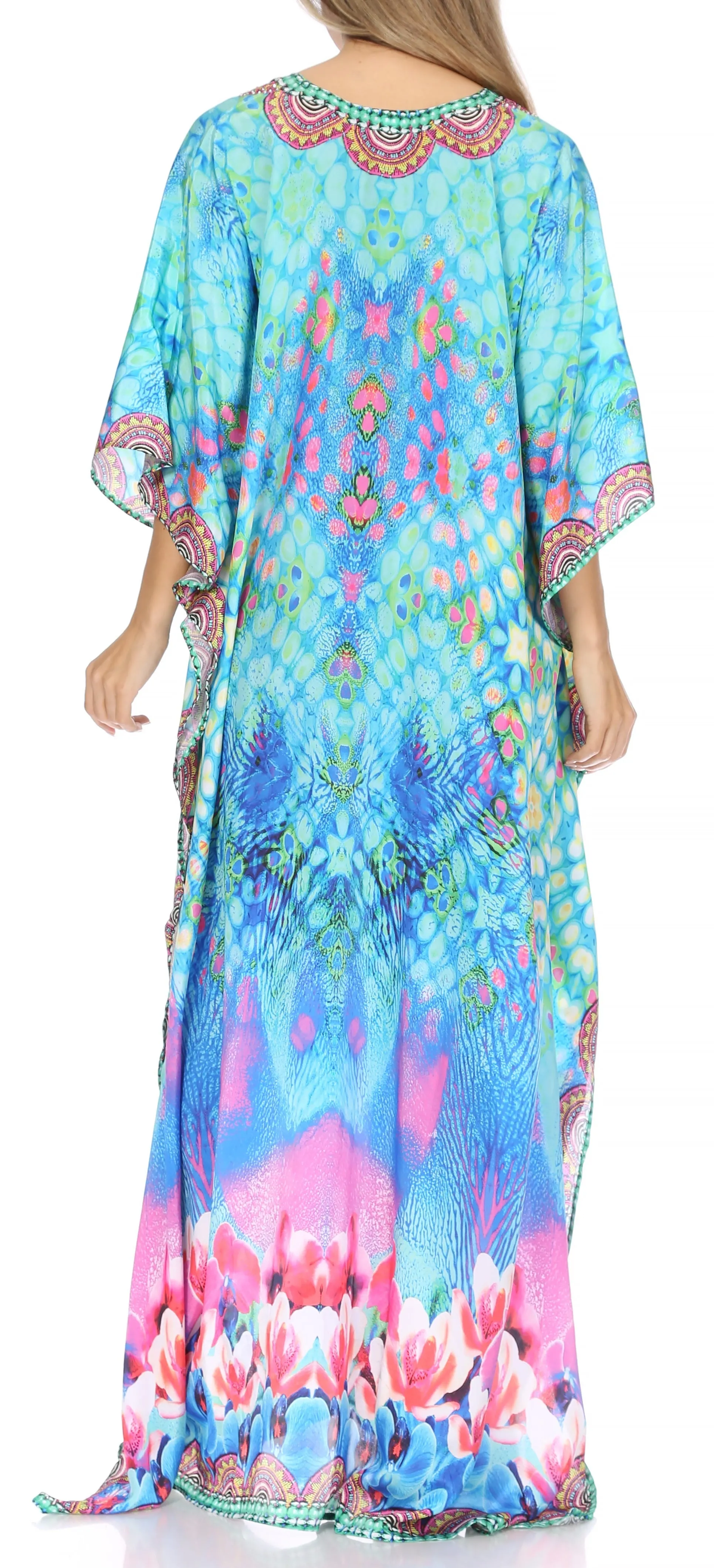 Sakkas Georgettina Flowy Rhinestone V Neck Long Caftan Dress/Cover Up